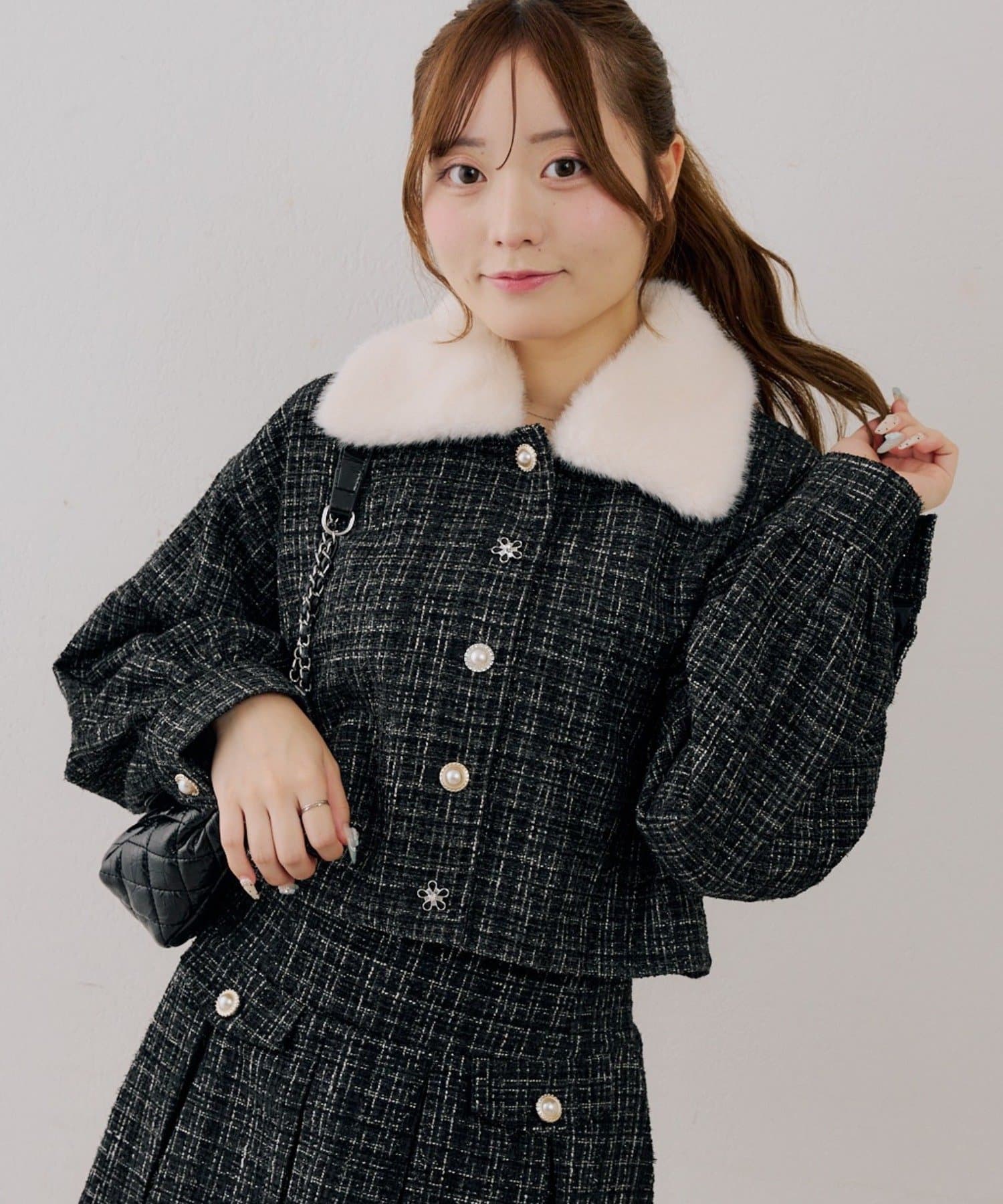 NICE CLAUP / OLIVE des OLIVE OUTLET(ナイスクラップ  / オリーブ デ オリーブ アウトレット) 【ANOTHER BRANCH】ラメツイードフェイクファーファー付ジャケット