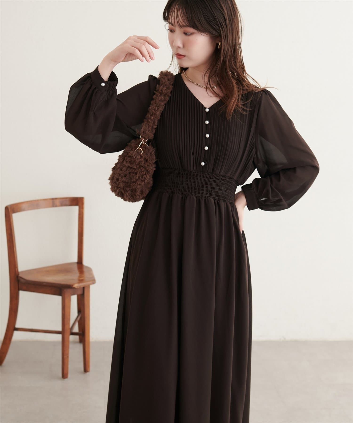 natural couture(ナチュラルクチュール) ピンタックプリーツお上品ワンピース