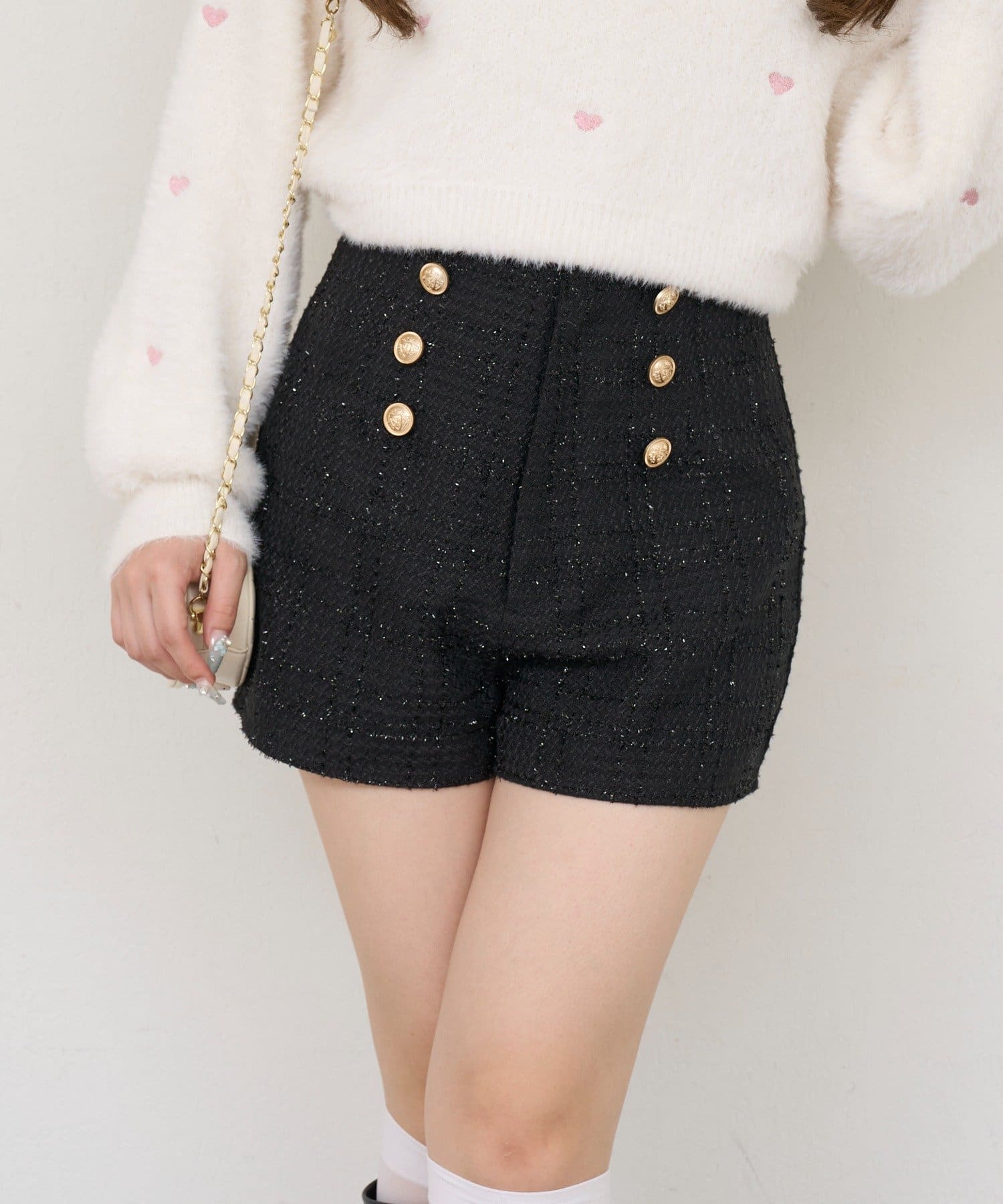 NICE CLAUP / OLIVE des OLIVE OUTLET(ナイスクラップ  / オリーブ デ オリーブ アウトレット) 【continuer】【セットアップ対応可】金ボタンツイードショートパンツ