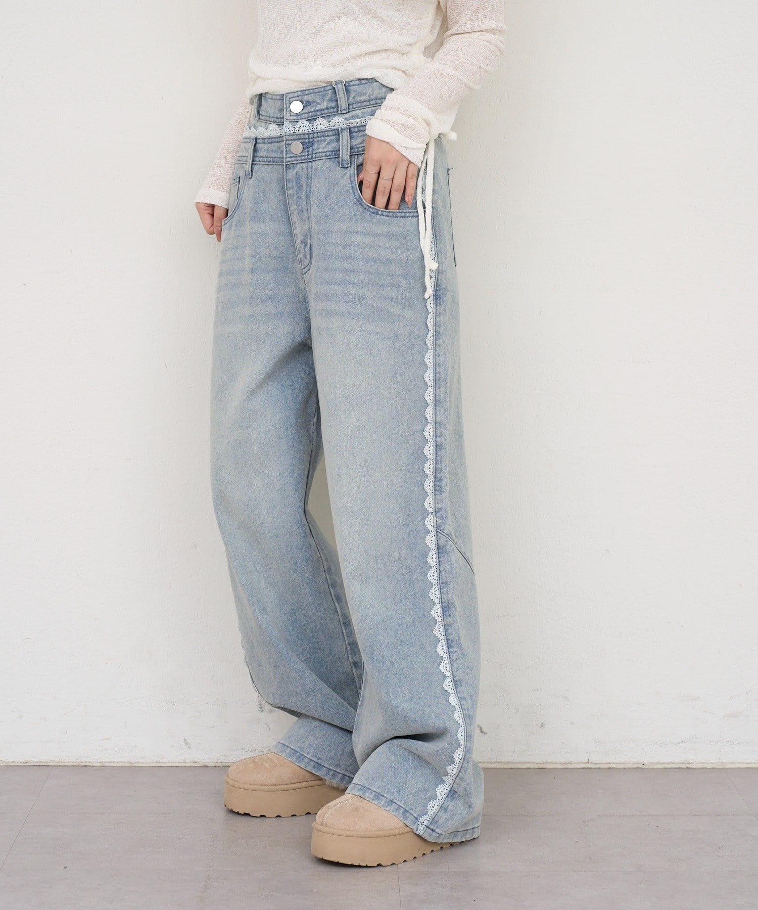 NICE CLAUP / OLIVE des OLIVE OUTLET(ナイスクラップ  / オリーブ デ オリーブ アウトレット) 【continuer】脇レースラインワイドデニムパンツ