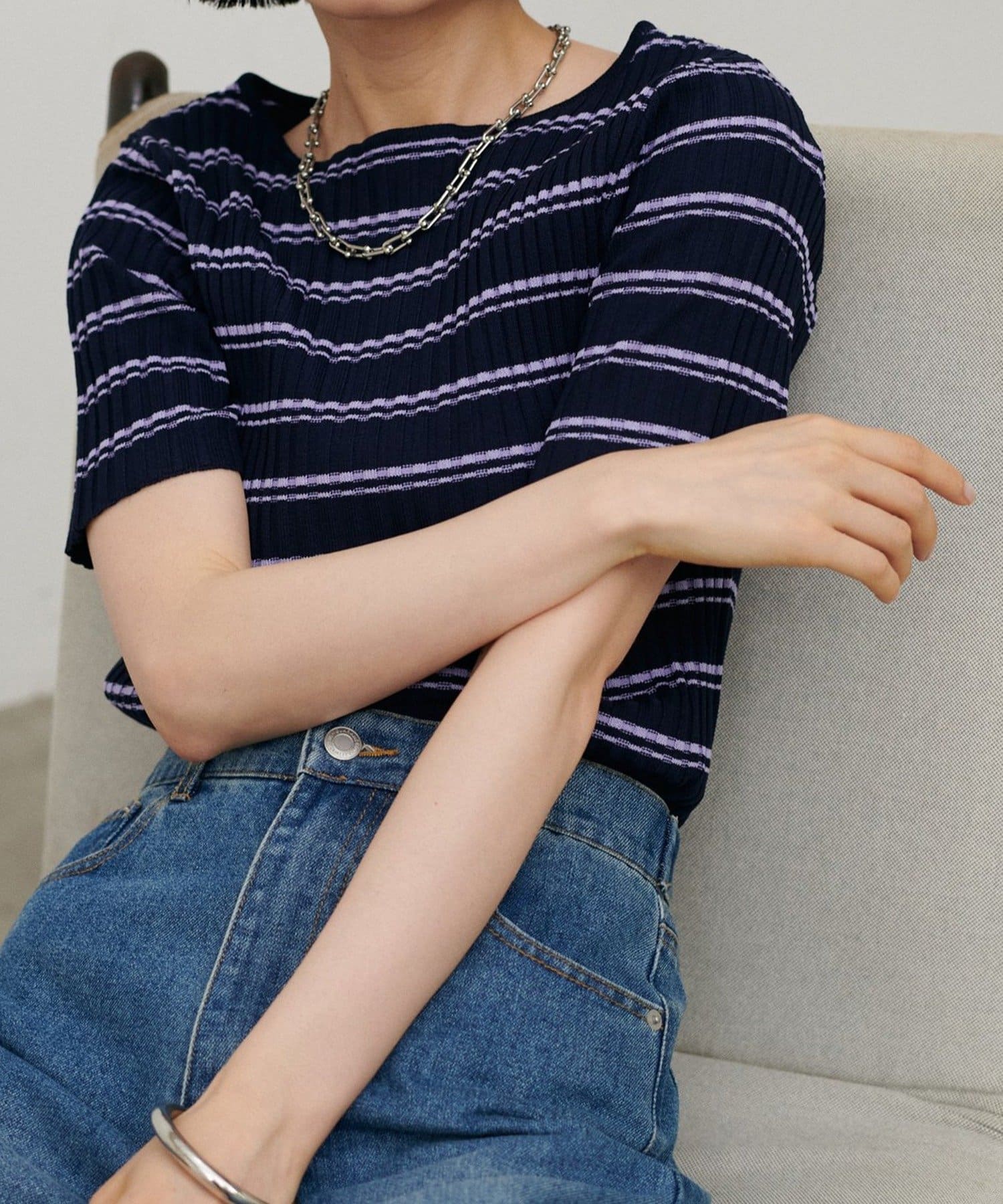 NICE CLAUP / OLIVE des OLIVE OUTLET(ナイスクラップ  / オリーブ デ オリーブ アウトレット) 【LARUTA】ボーダーリブ5分袖ニット