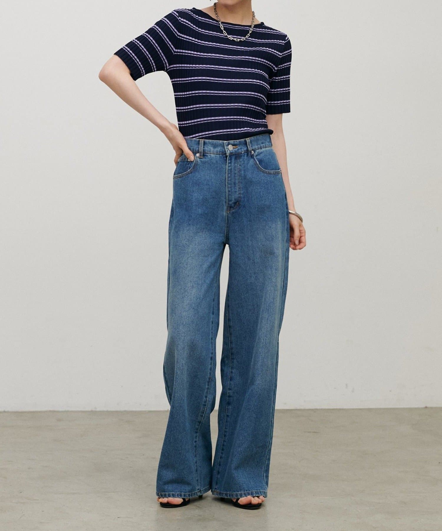 NICE CLAUP / OLIVE des OLIVE OUTLET(ナイスクラップ  / オリーブ デ オリーブ アウトレット) 【LARUTA】ボーダーリブ5分袖ニット