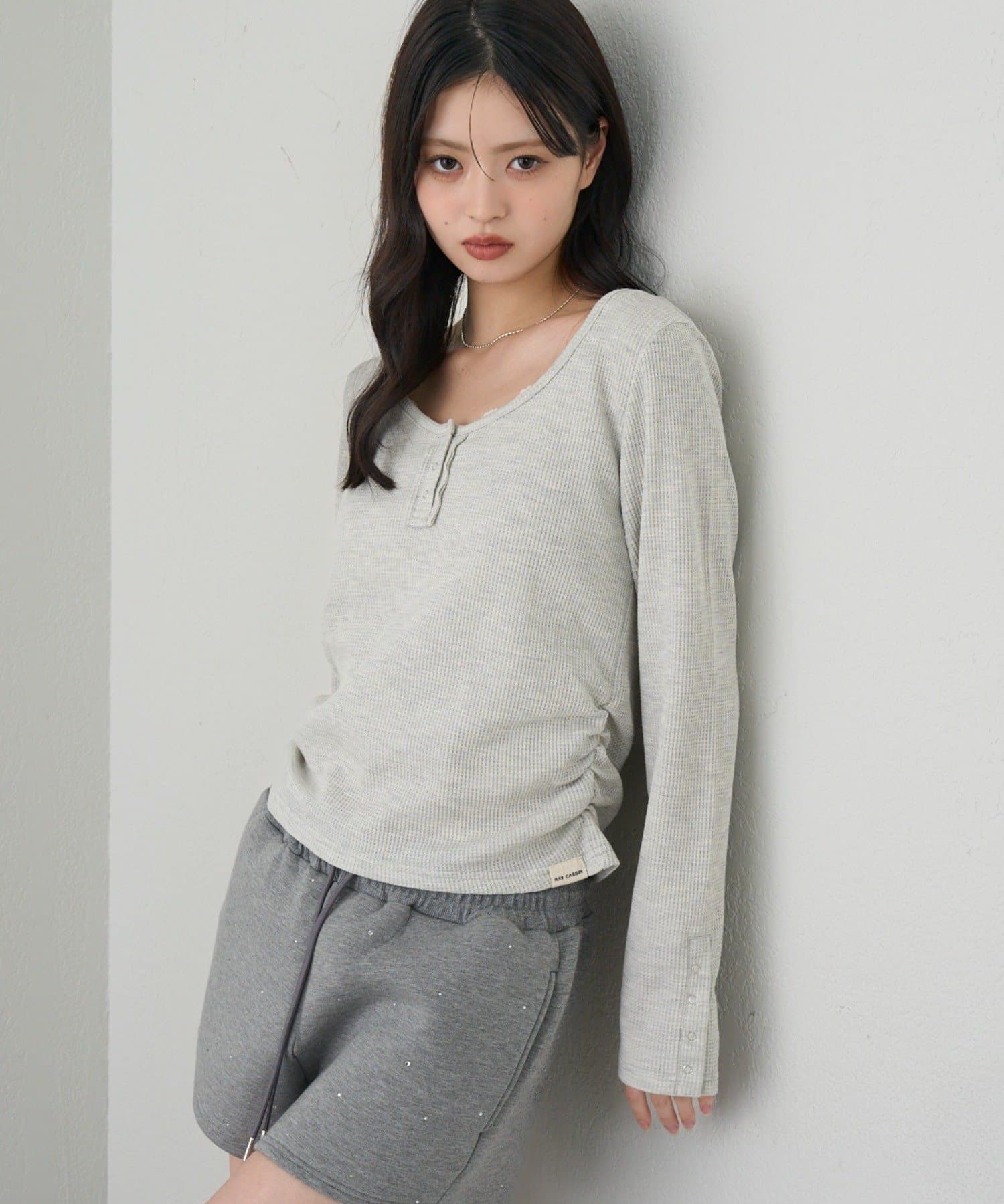 RAY CASSIN(レイカズン) UネックワッフルヘンリーロングTシャツ / ロンT
