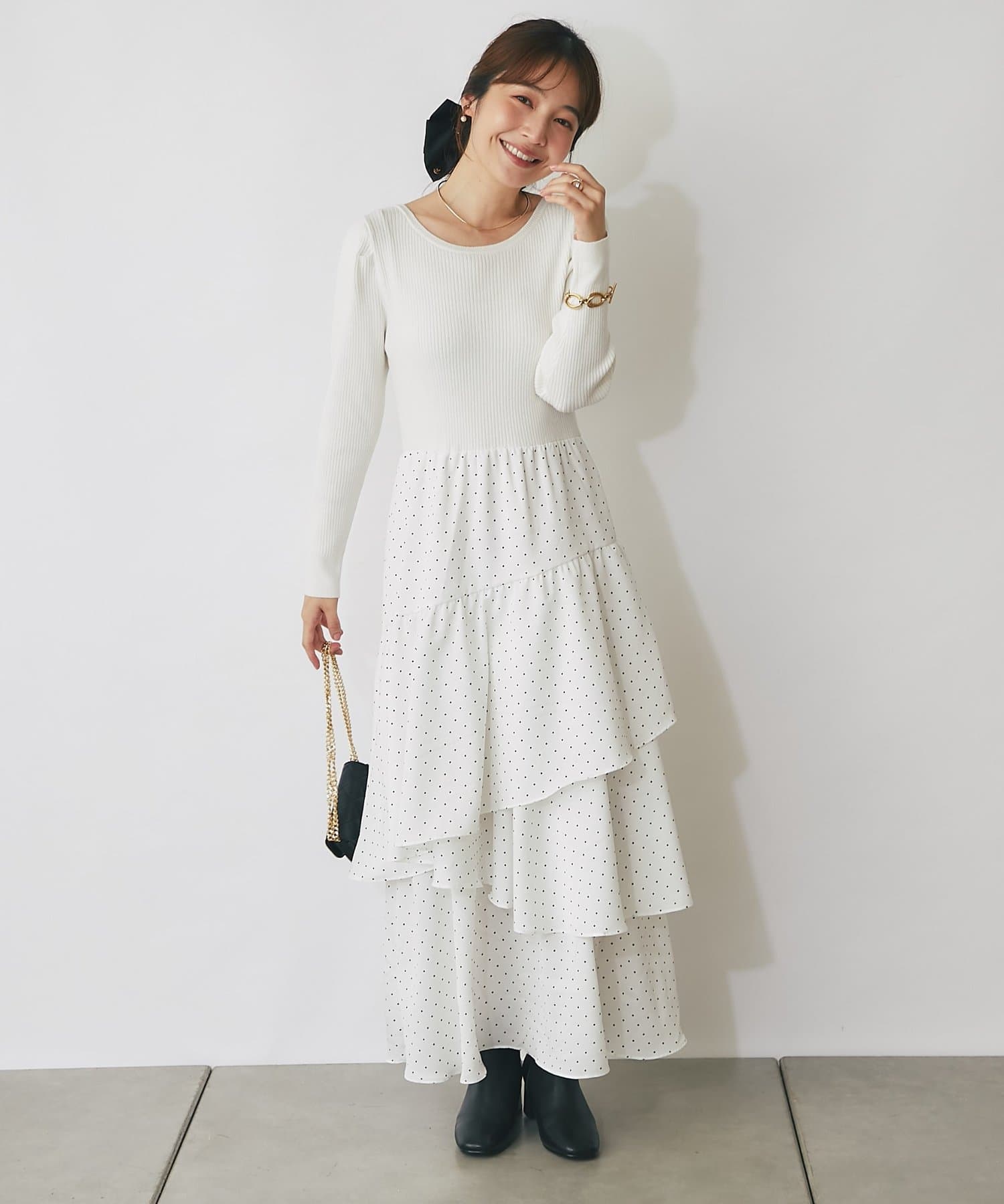 La boutique BonBon(ラブティックボンボン) ニットドッキングドットティアードワンピース