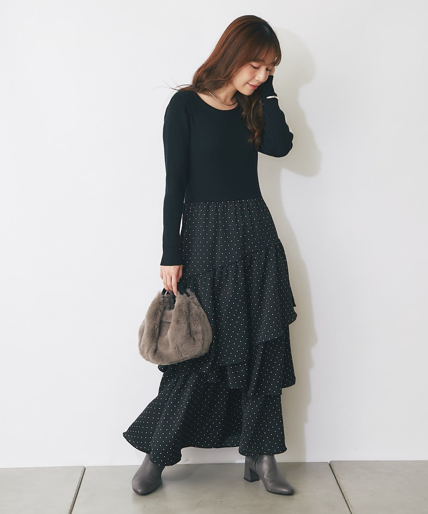 La boutique BonBon(ラブティックボンボン) ニットドッキングドットティアードワンピース