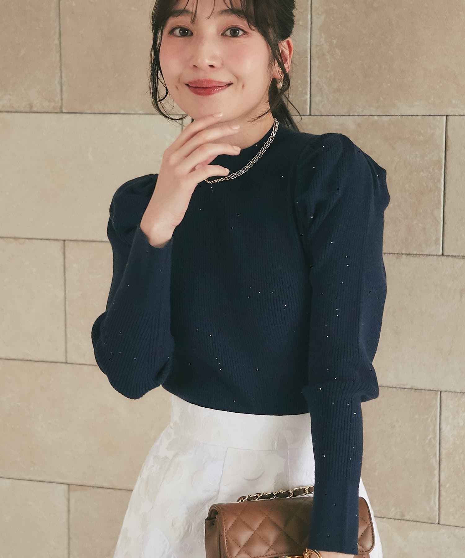 La boutique BonBon(ラブティックボンボン) ラメスパンコールパワショルリブニット