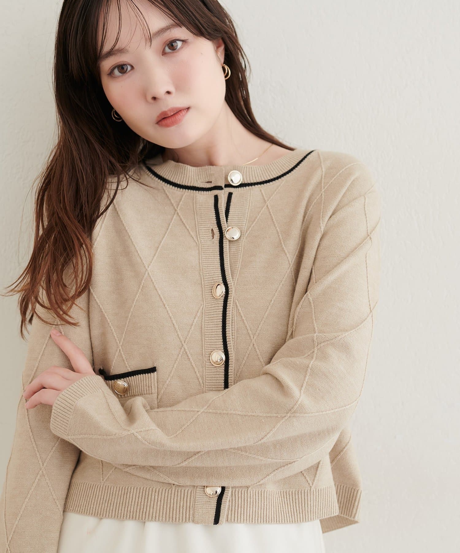 natural couture(ナチュラルクチュール) ダイヤ柄配色ニットカーディガン