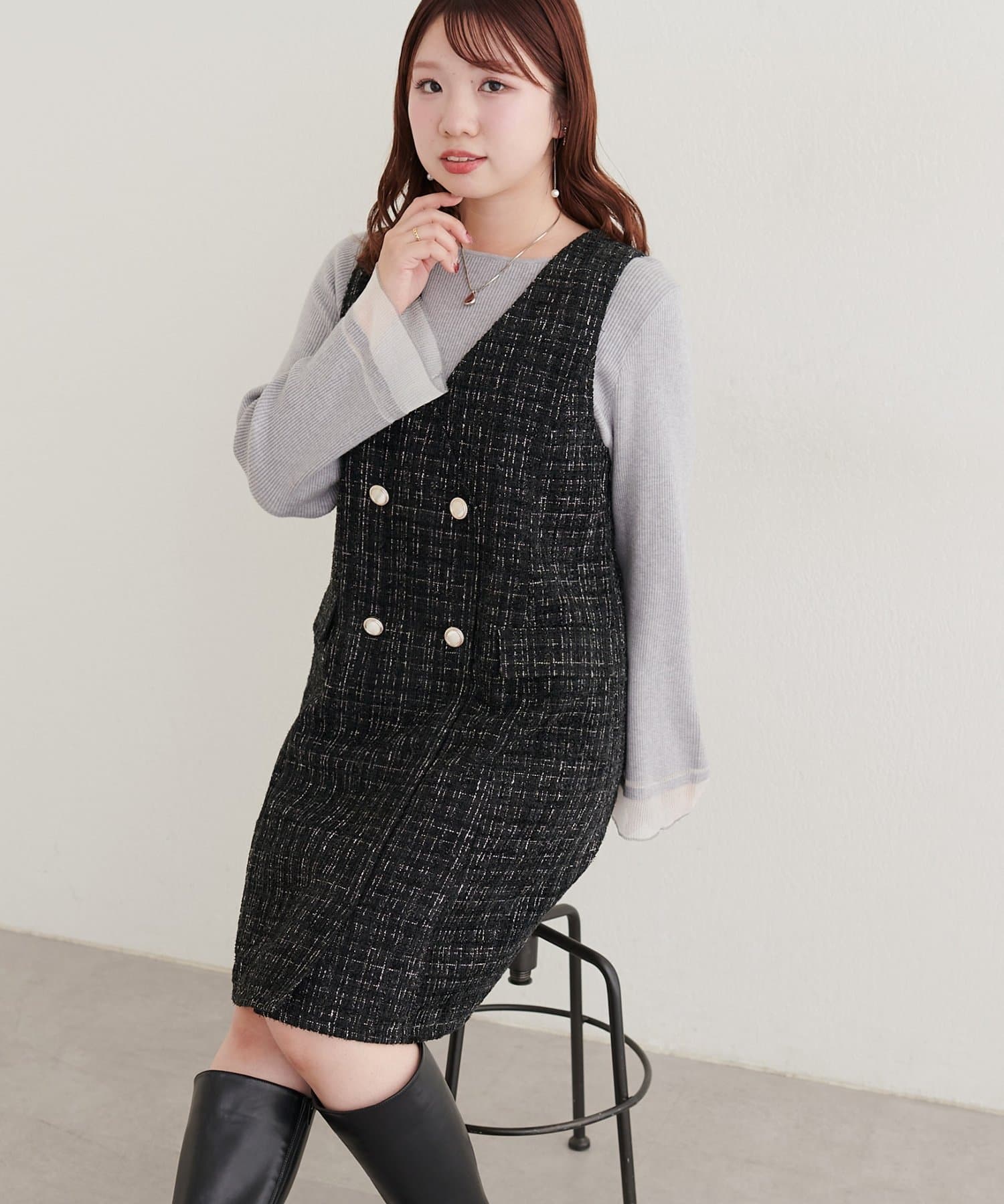natural couture(ナチュラルクチュール) 〈canami〉ツイードVネックジャンスカ