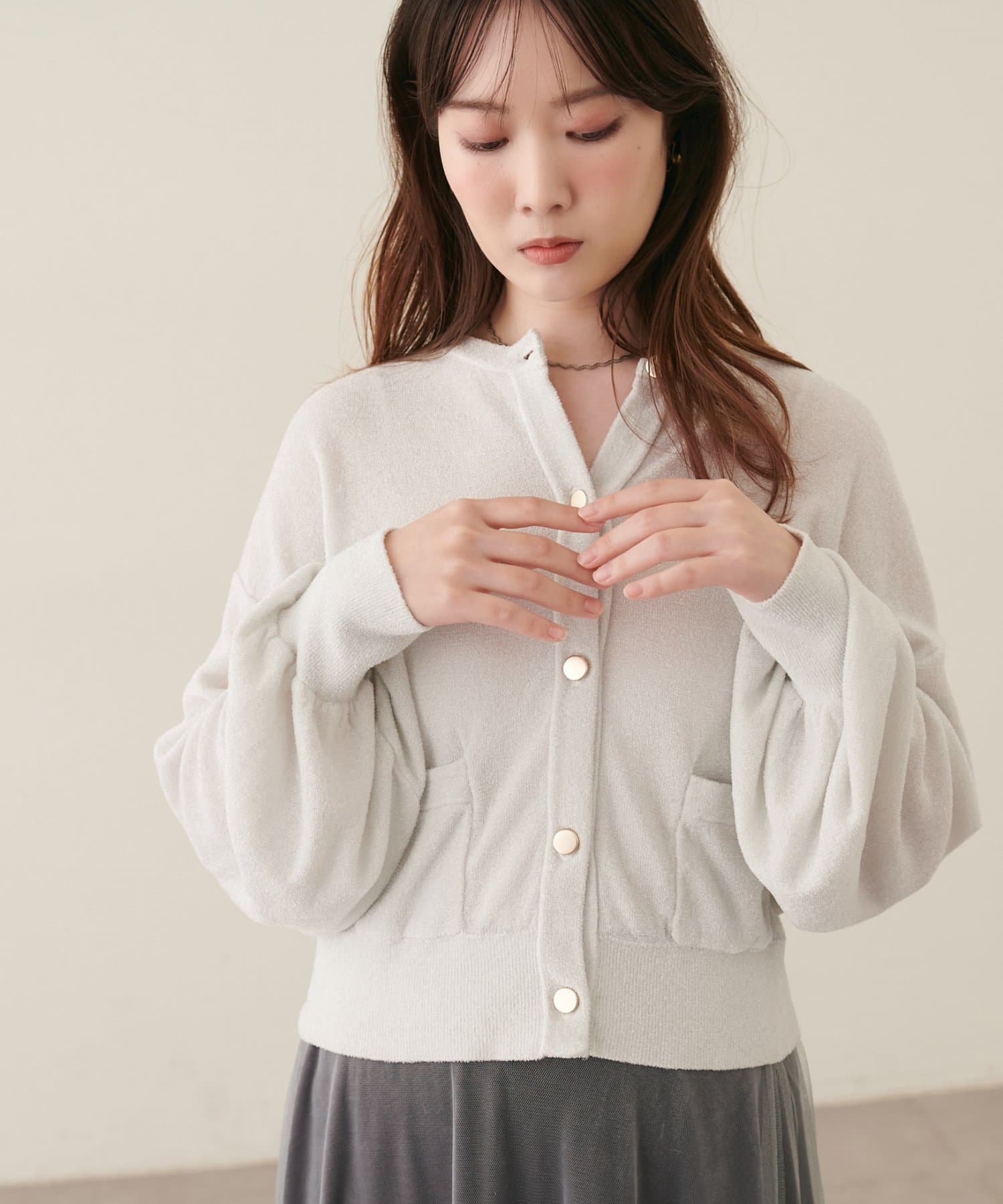 natural couture(ナチュラルクチュール) 金釦ベロアモールラメカーディガン