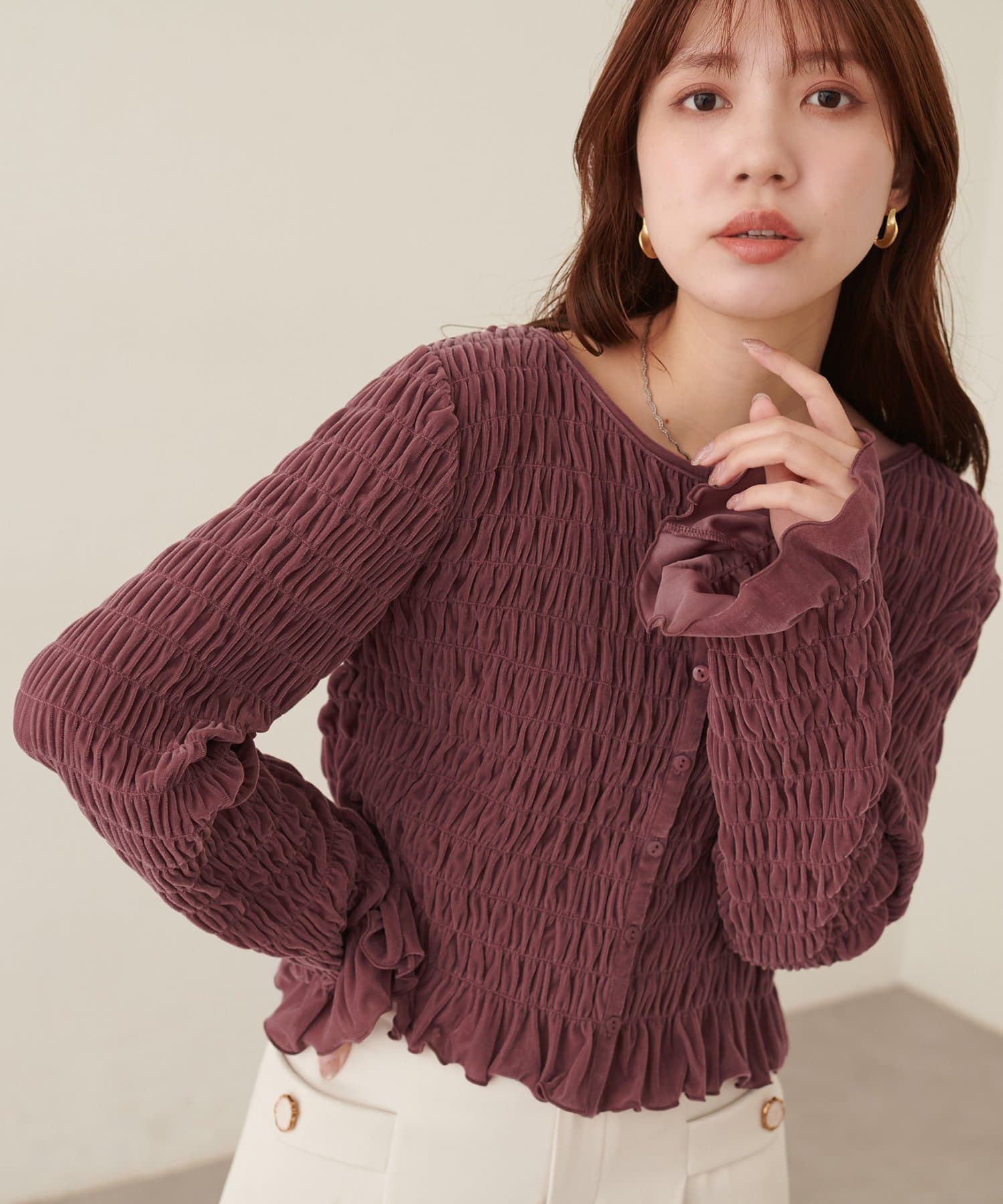 natural couture(ナチュラルクチュール) シャーリングベロアカーディガン