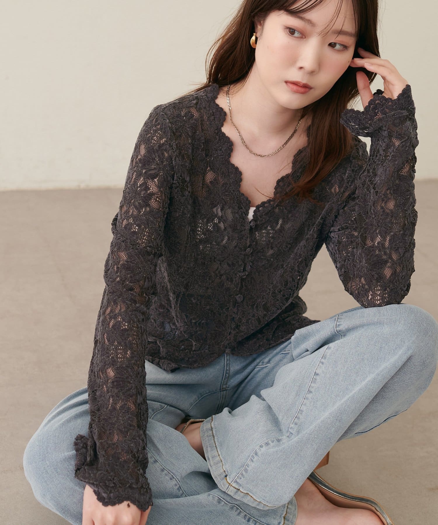 natural couture(ナチュラルクチュール) 起毛レースVネックカーデ