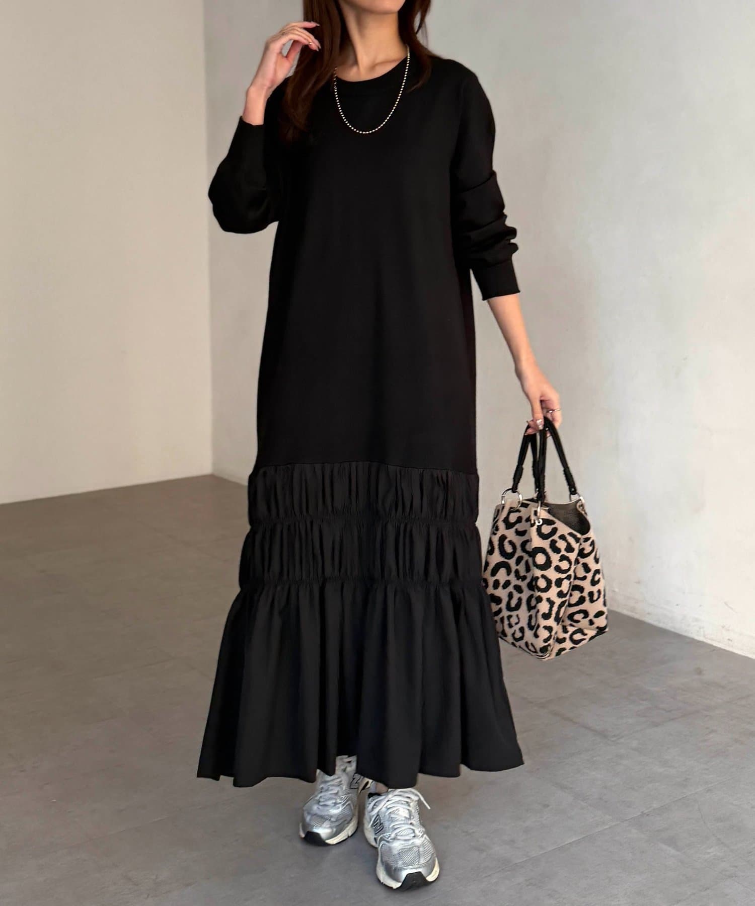 Chez toi(シェトワ) シャーリング切替ニットワンピース