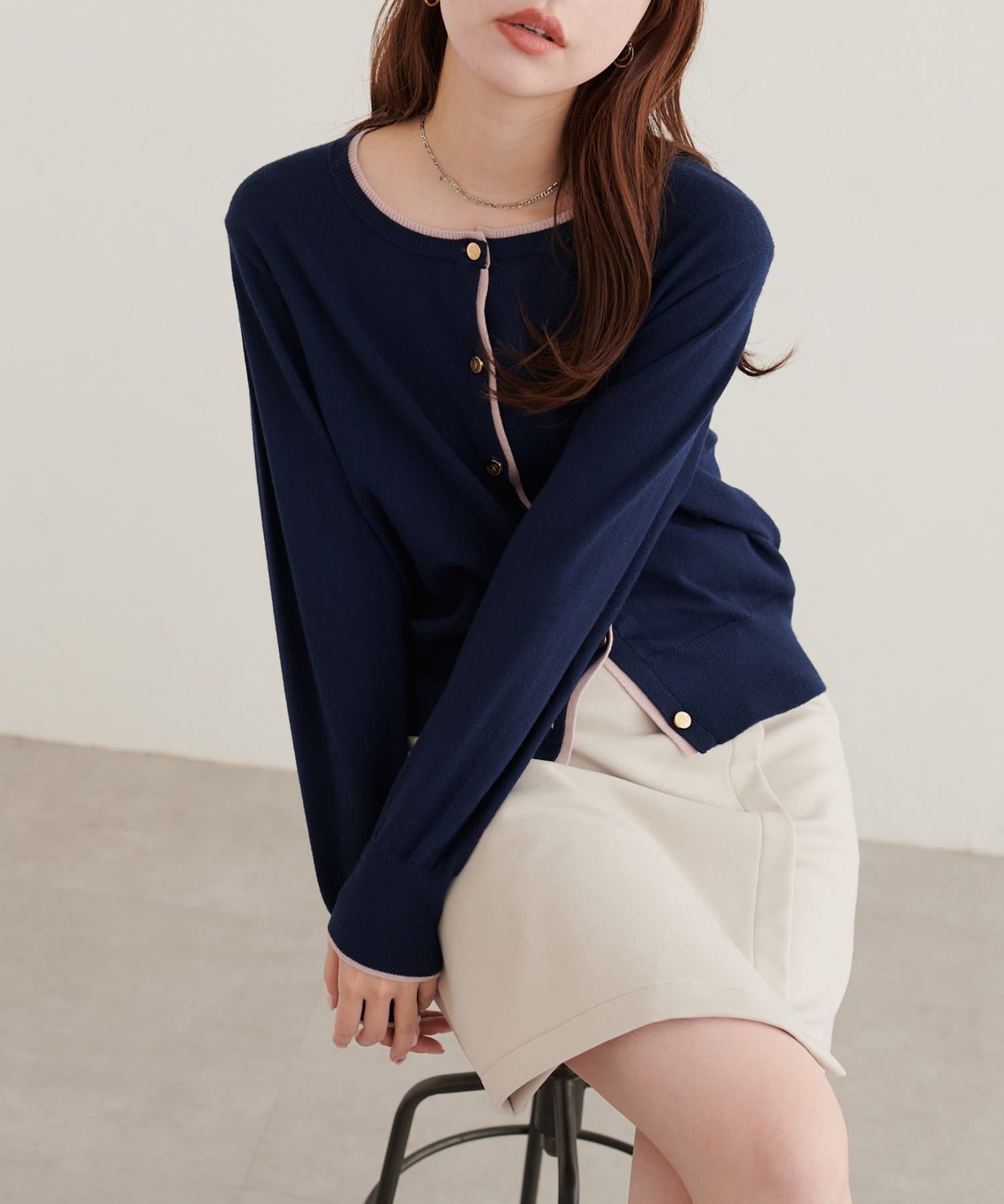 natural couture(ナチュラルクチュール) 配色金ボタンもちもちカーディガン