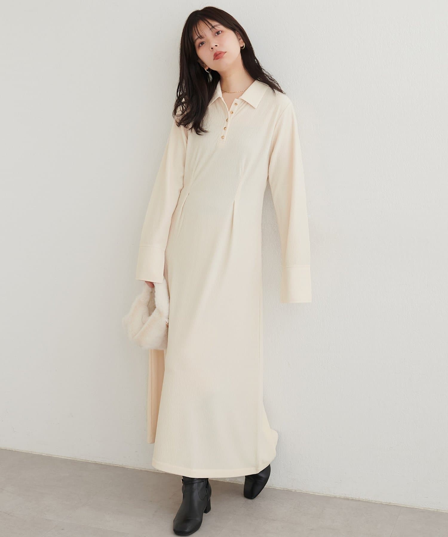 natural couture(ナチュラルクチュール) タックフレア袖スリットポロワンピース