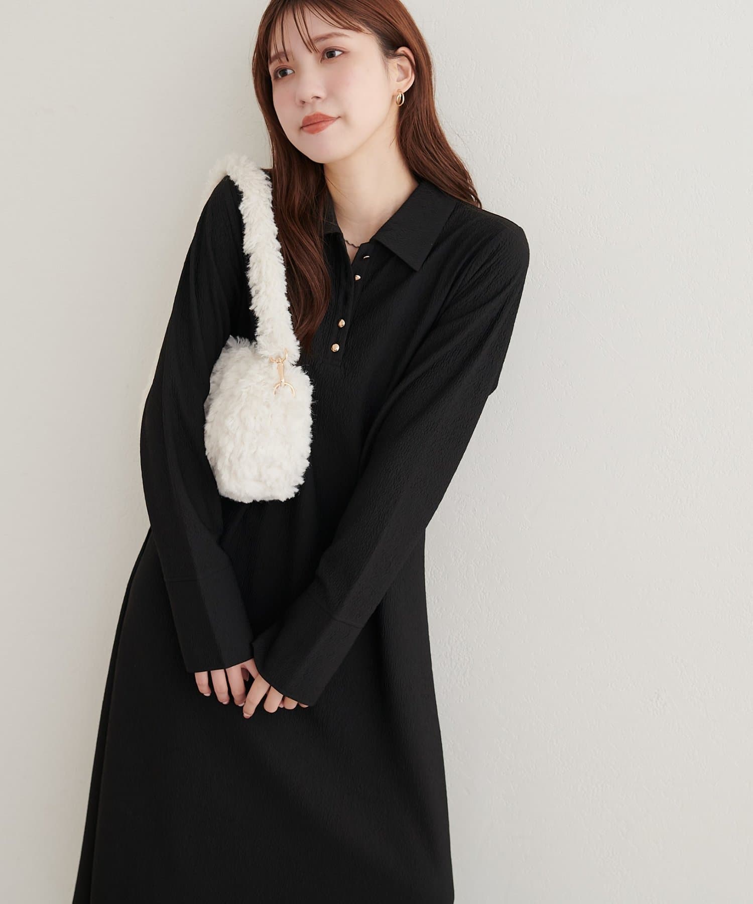 natural couture(ナチュラルクチュール) タックフレア袖スリットポロワンピース