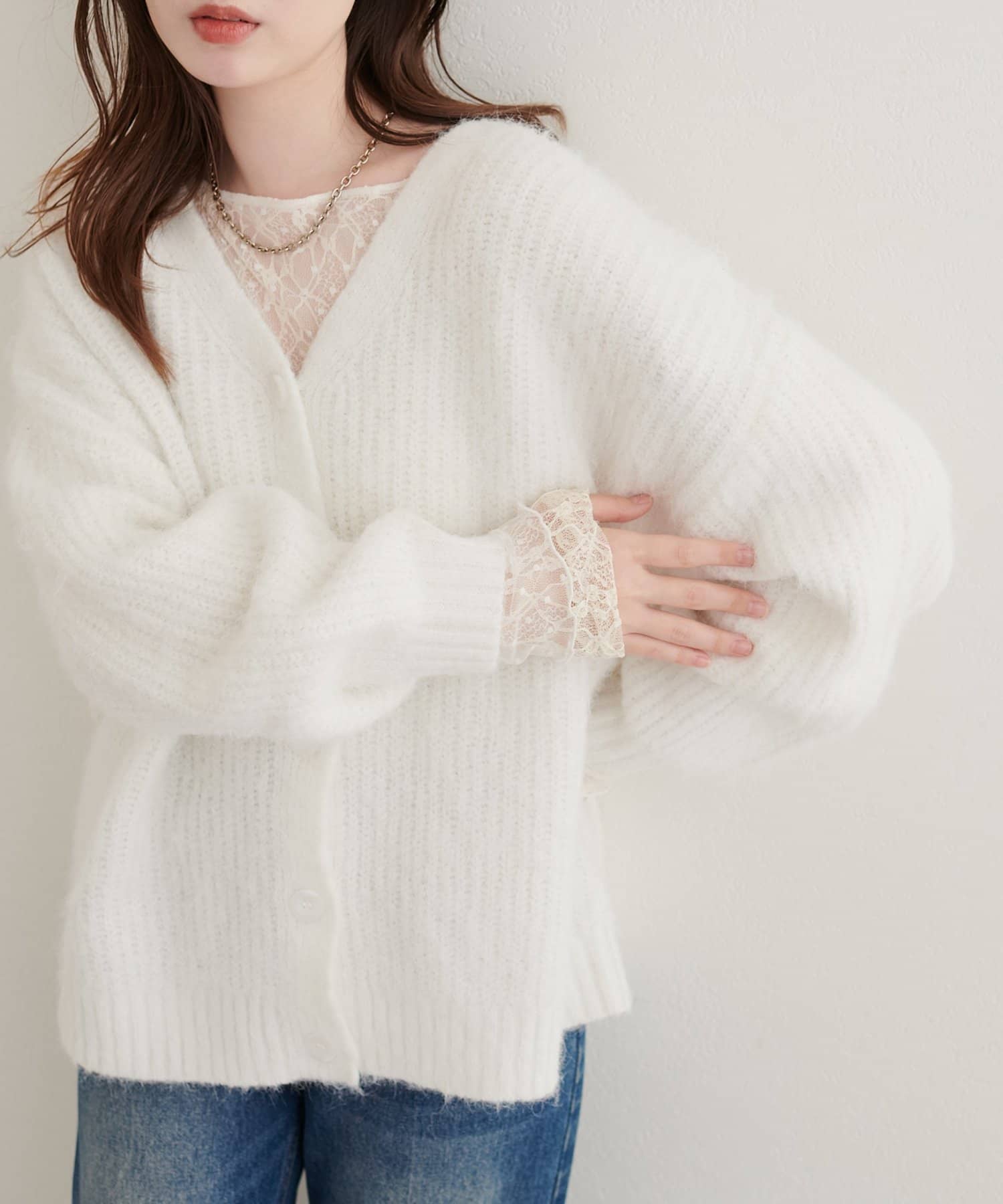 natural couture(ナチュラルクチュール) モヘア起毛片畦Vカーディガン
