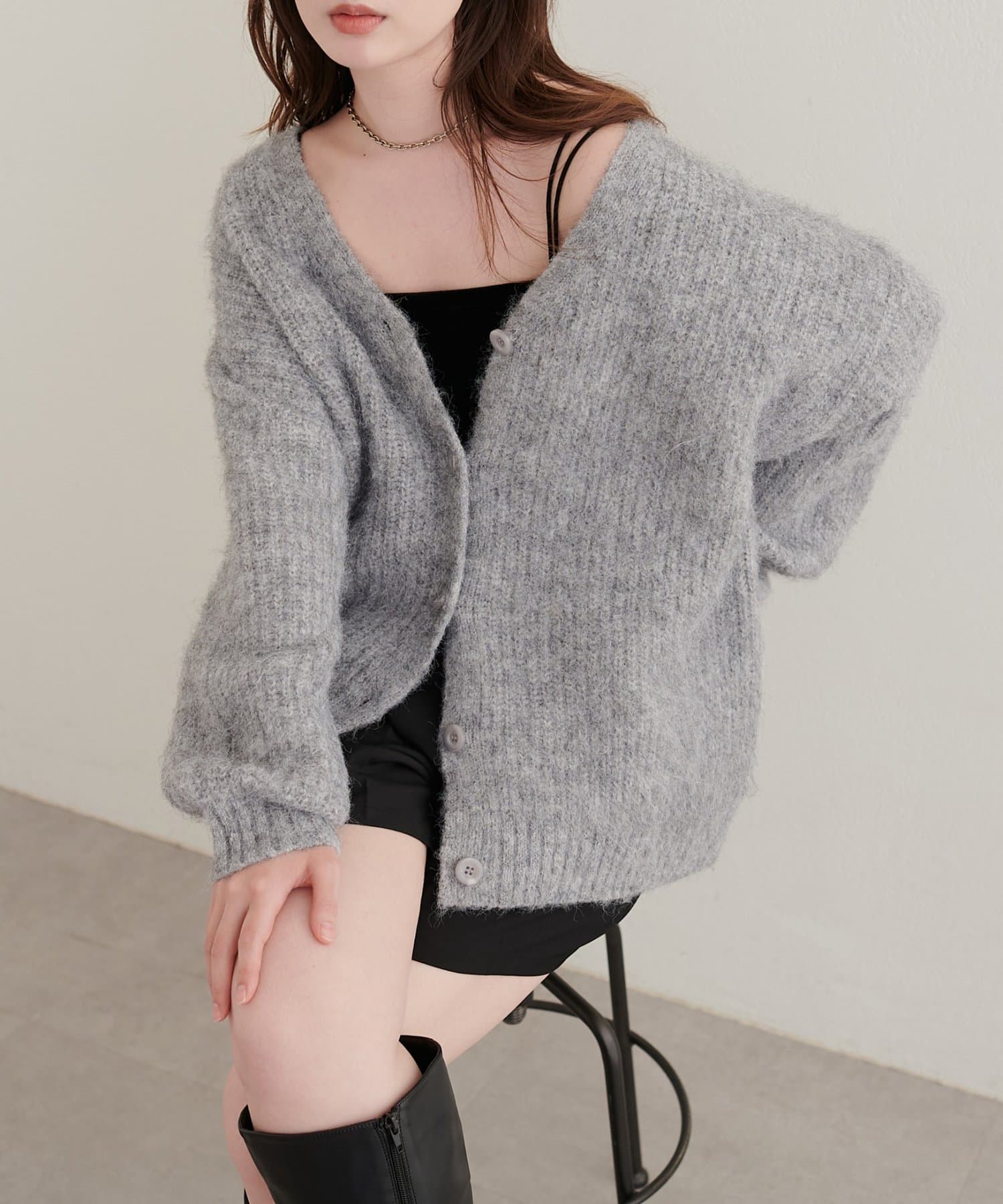 natural couture(ナチュラルクチュール) モヘア起毛片畦Vカーディガン