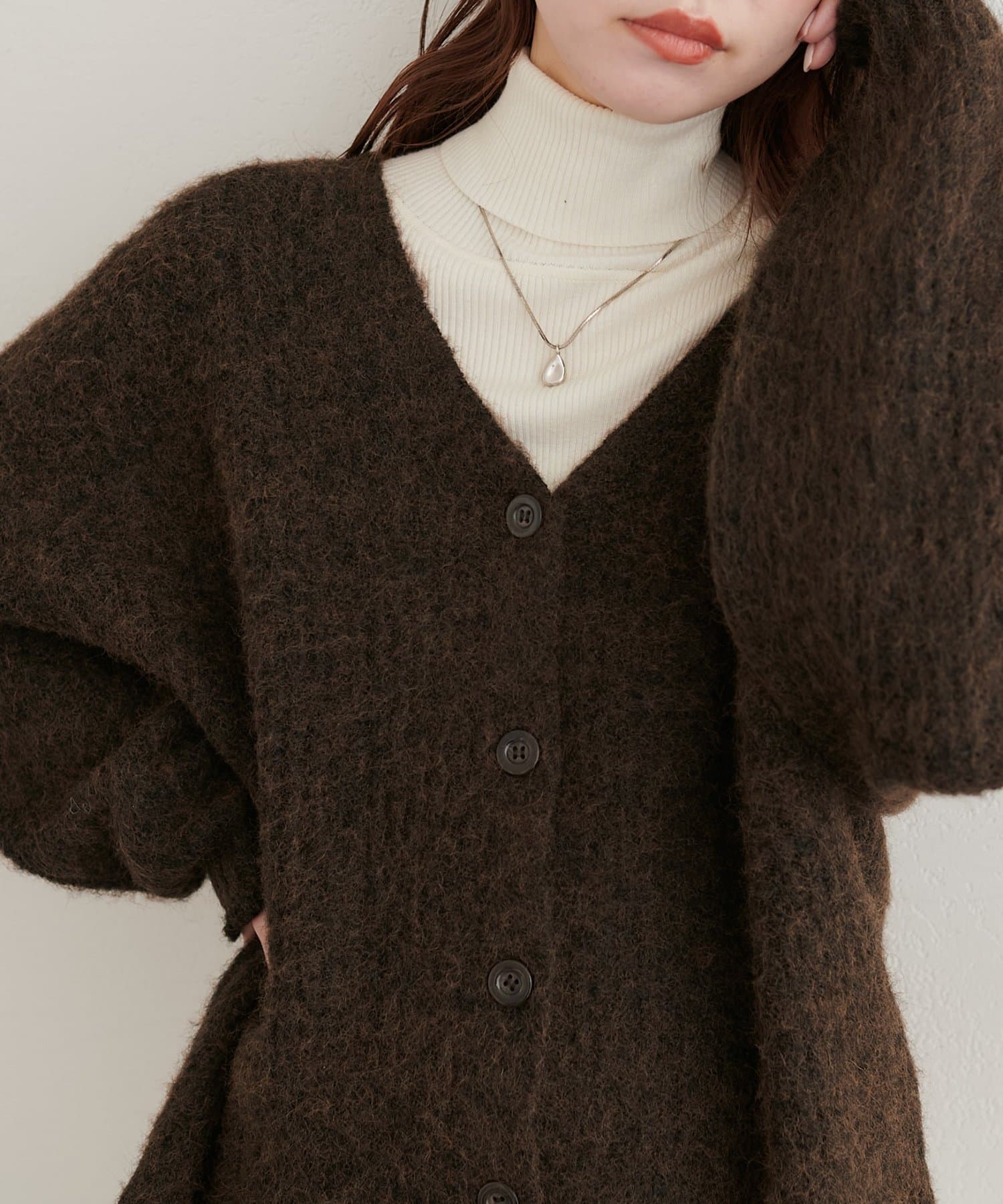 natural couture(ナチュラルクチュール) モヘア起毛片畦Vカーディガン