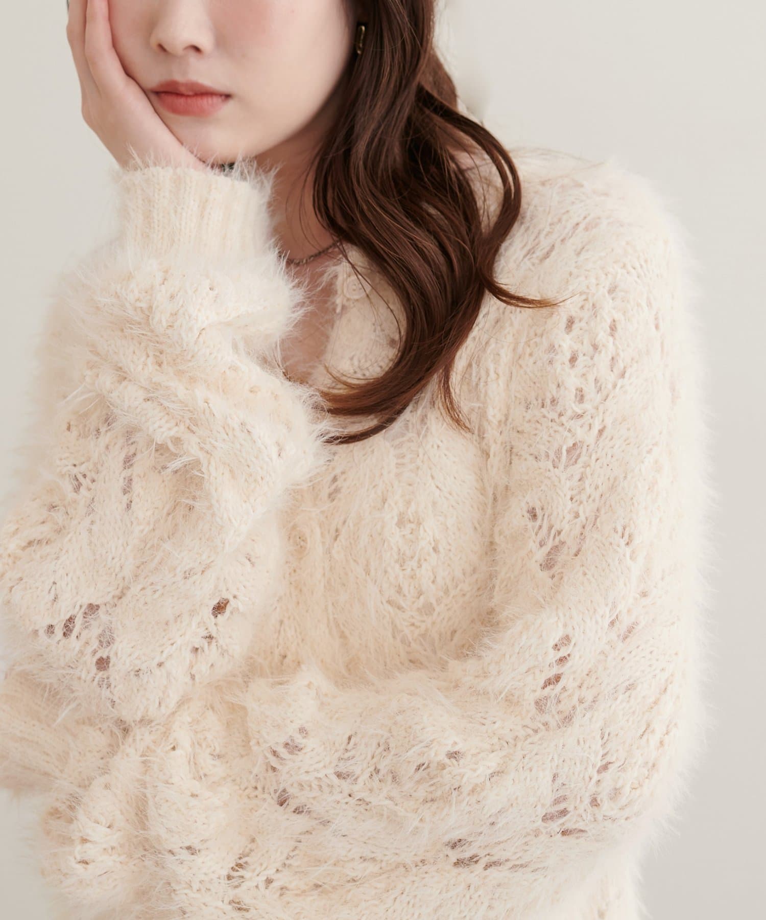 natural couture(ナチュラルクチュール) フェザー透かし編みカーディガン