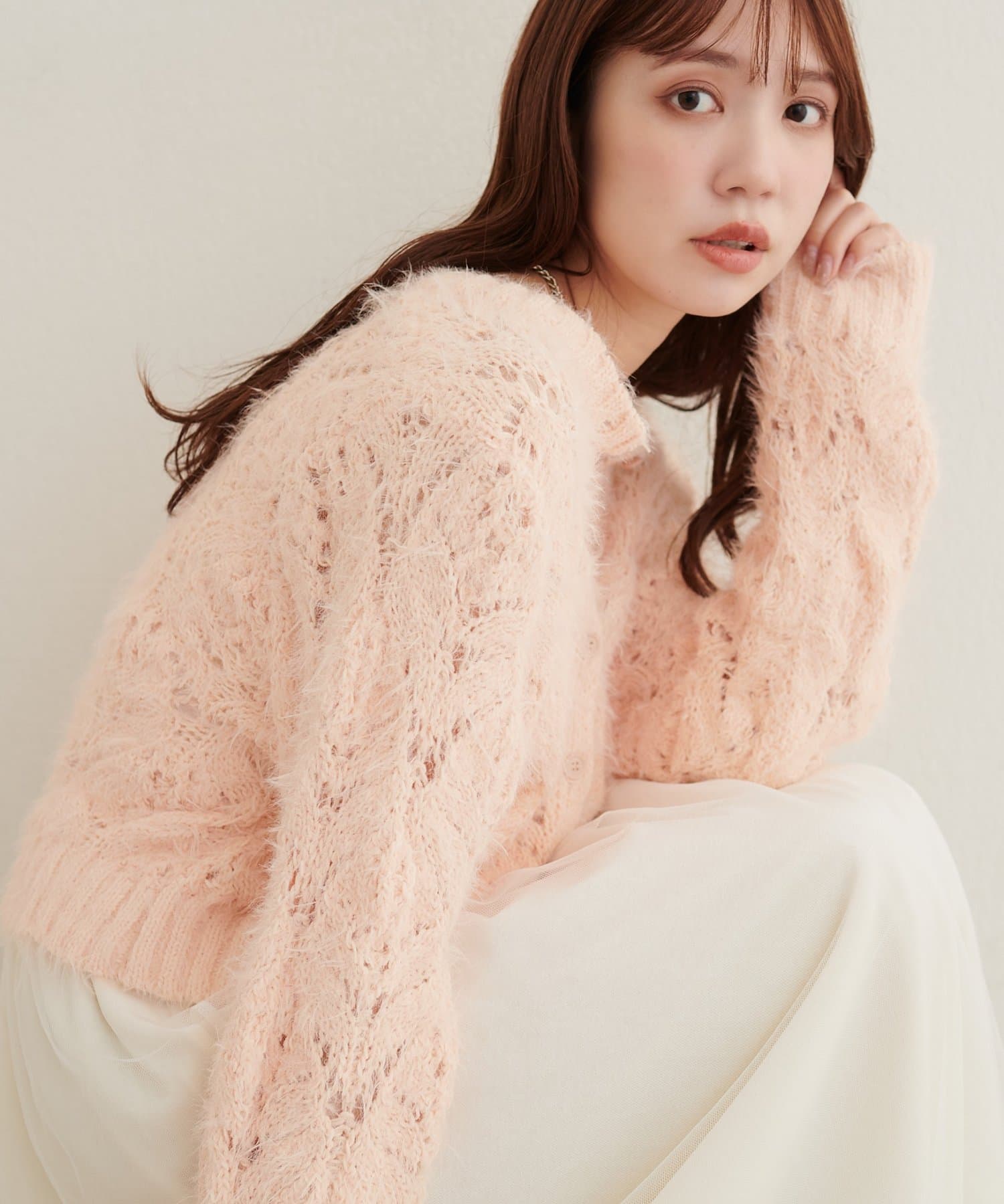 natural couture(ナチュラルクチュール) フェザー透かし編みカーディガン