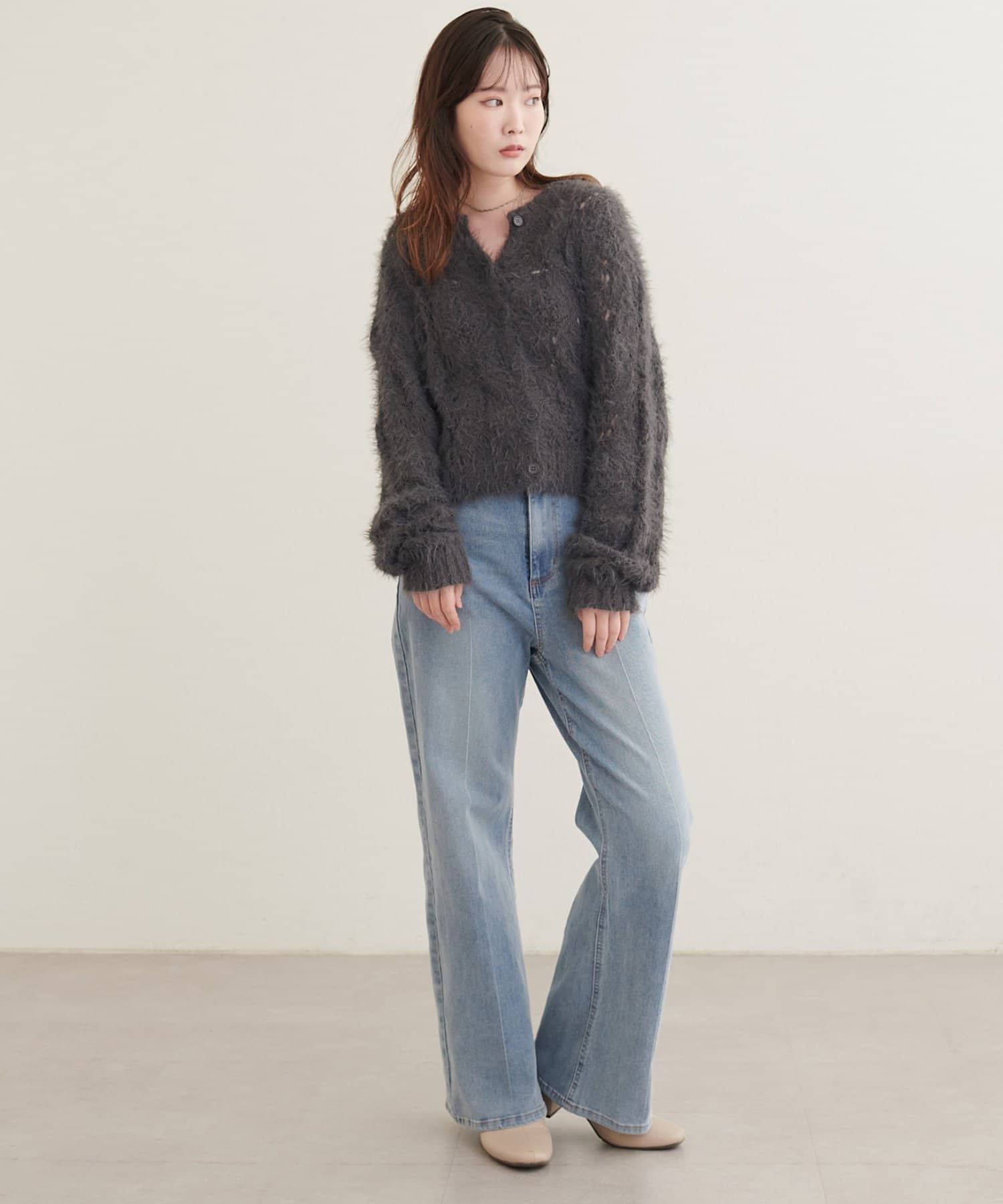 natural couture(ナチュラルクチュール) フェザー透かし編みカーディガン