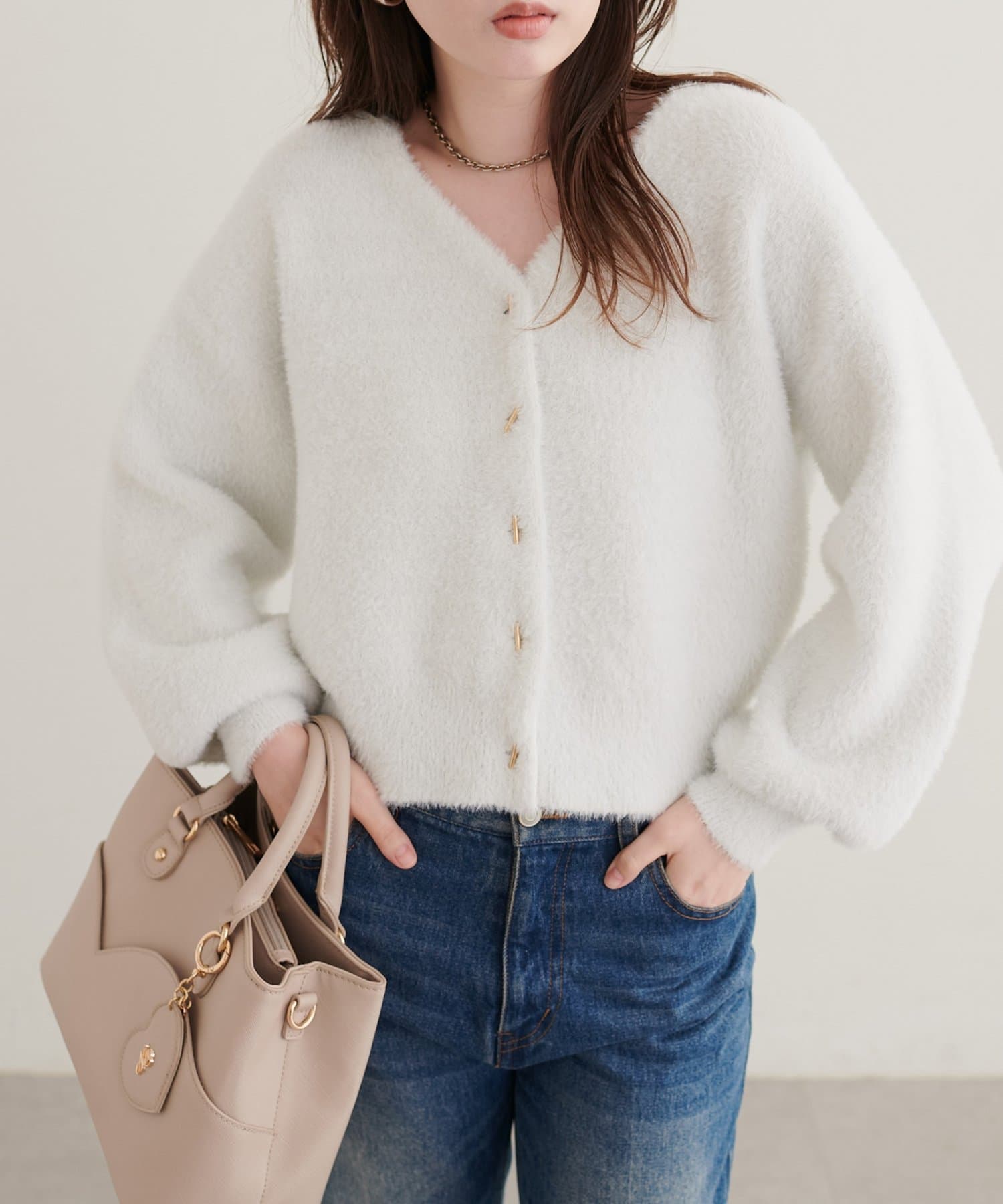 natural couture(ナチュラルクチュール) シャギーバー釦カーディガン
