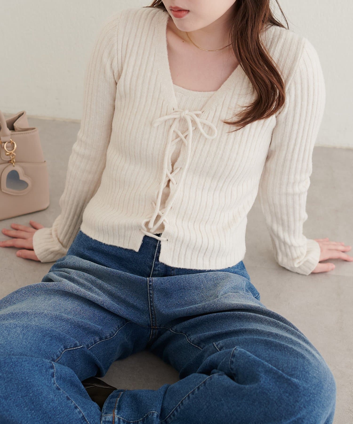 natural couture(ナチュラルクチュール) キャミ付きレースアップカーディガン