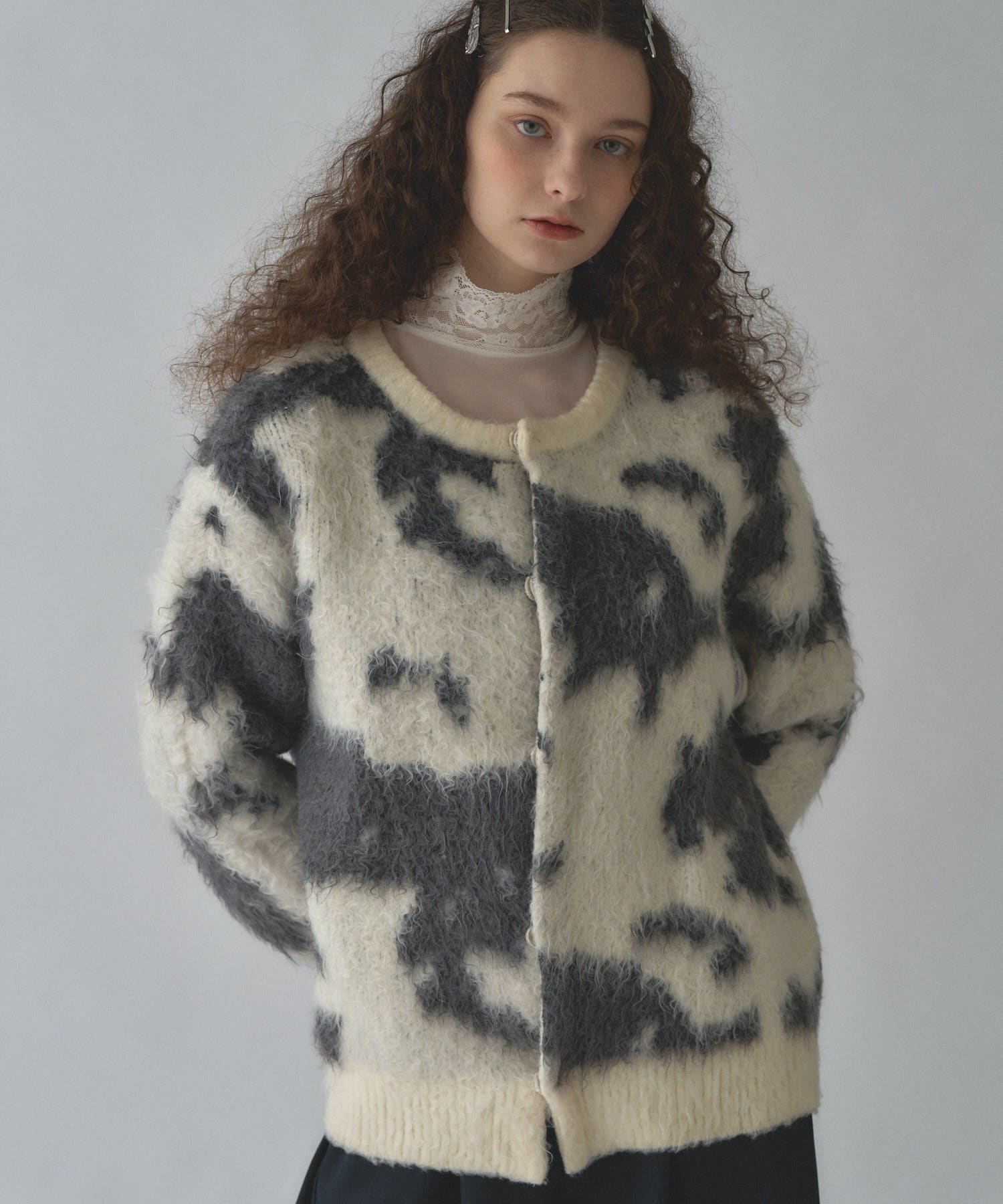 Kastane(カスタネ) 【UNISEX】カウプリントシャギーニットカーディガン