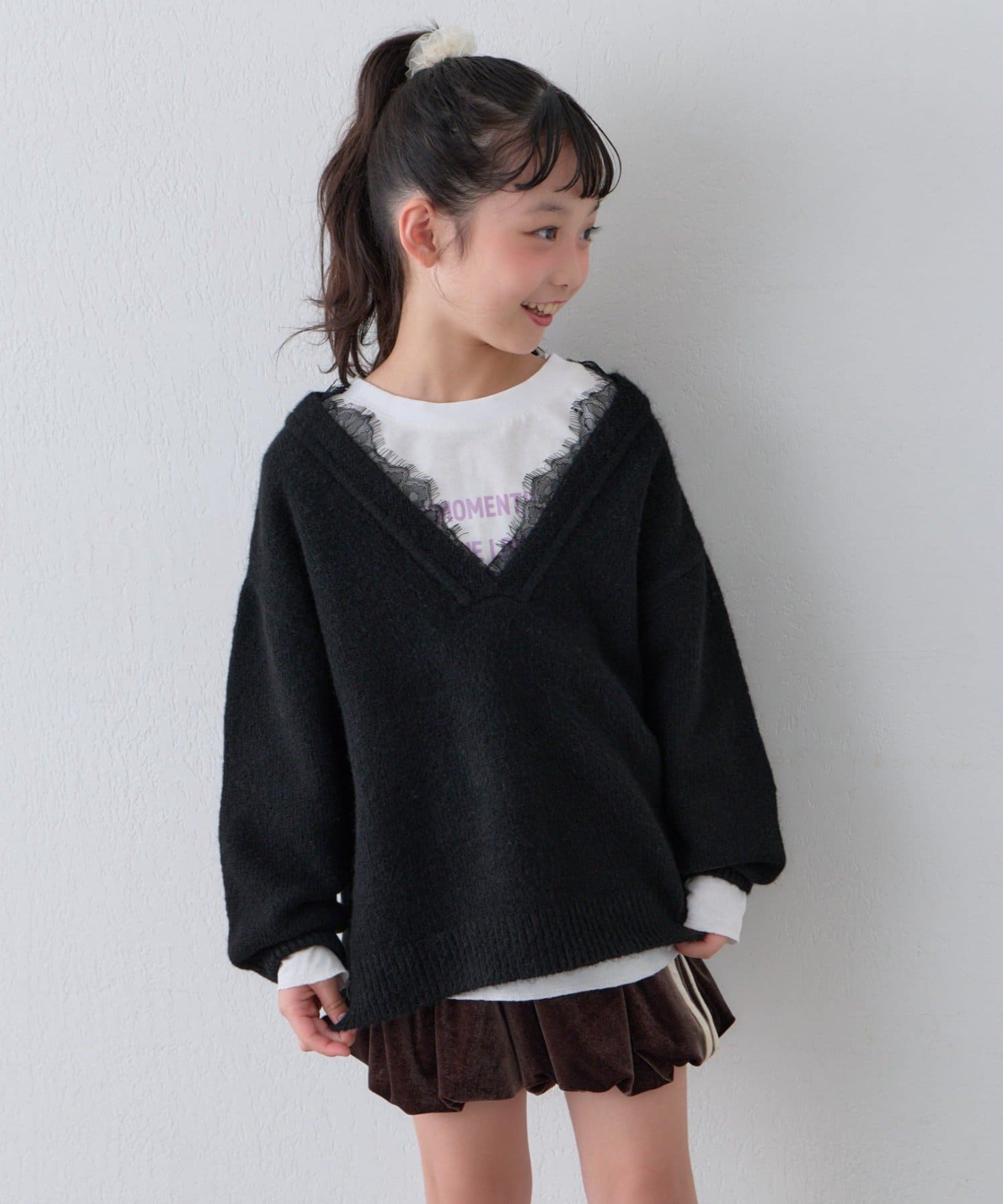 CIAOPANIC TYPY(チャオパニックティピー) 【KIDS】深Vネックレースドッキングニット(WEB限定カラーあり)