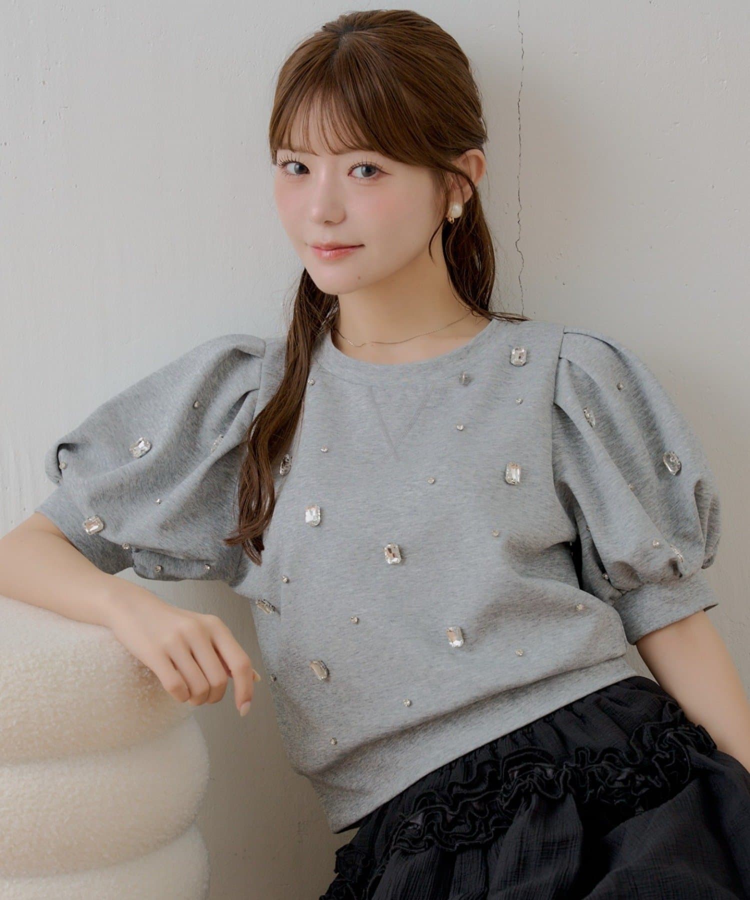 HeartFresh　604545サイドアクリル Chico】パフ袖ランダムビジュースウェット | OUTLET(アウトレット