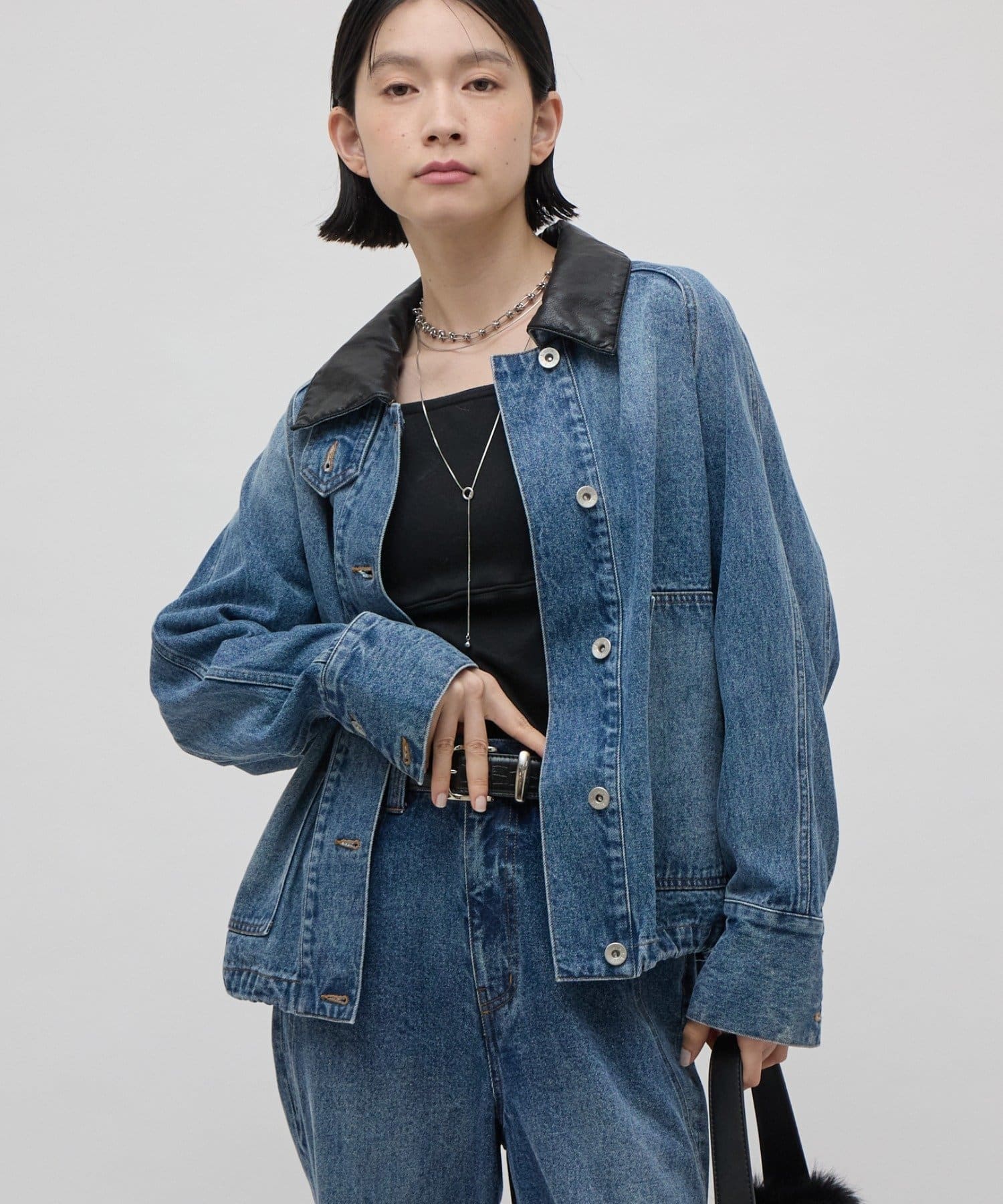 Lui's】襟フェイクレザー裾ドロストデニムブルゾン | OUTLET