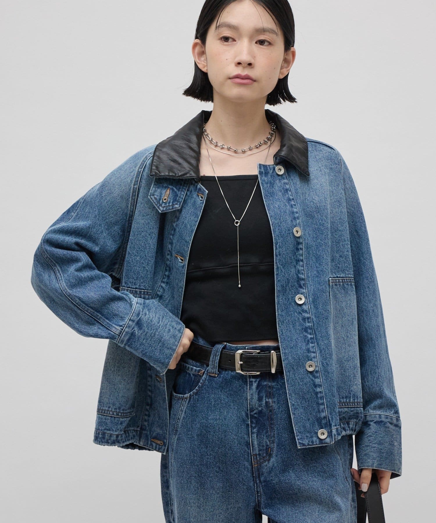 Lui's】襟フェイクレザー裾ドロストデニムブルゾン | OUTLET
