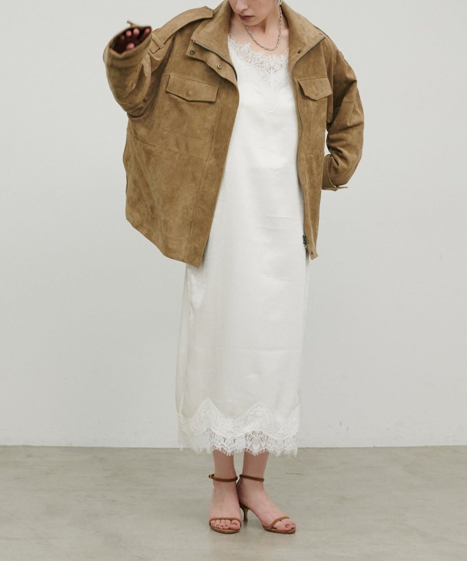 NICE CLAUP / OLIVE des OLIVE OUTLET(ナイスクラップ  / オリーブ デ オリーブ アウトレット) 【LARUTA】レースツイルサテンキャミワンピース