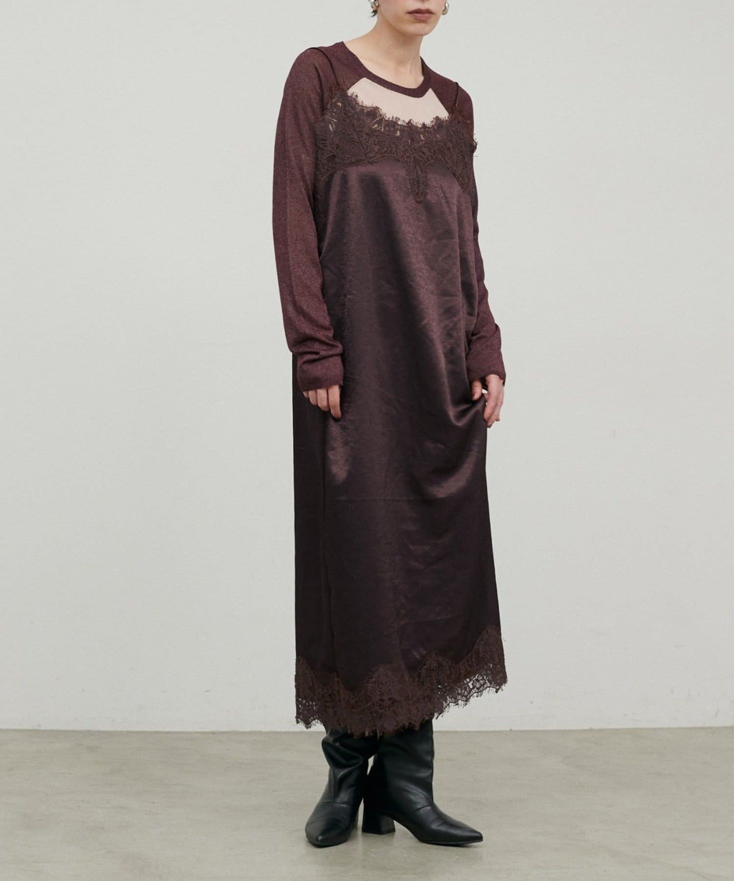 NICE CLAUP / OLIVE des OLIVE OUTLET(ナイスクラップ  / オリーブ デ オリーブ アウトレット) 【LARUTA】レースツイルサテンキャミワンピース