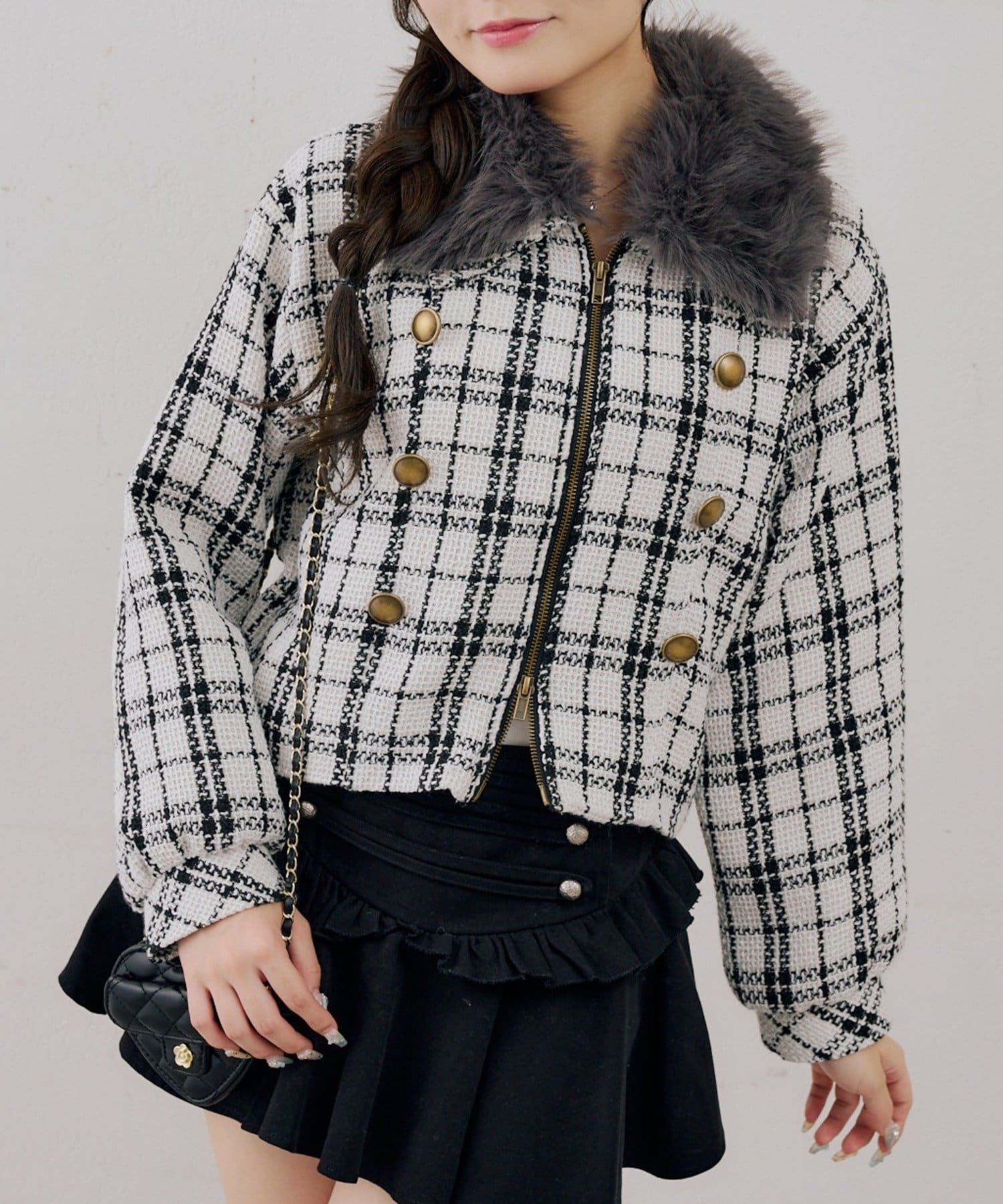 NICE CLAUP / OLIVE des OLIVE OUTLET(ナイスクラップ  / オリーブ デ オリーブ アウトレット) 【ANOTHER BRANCH】ツイードファーフェイクファー衿ブルゾン