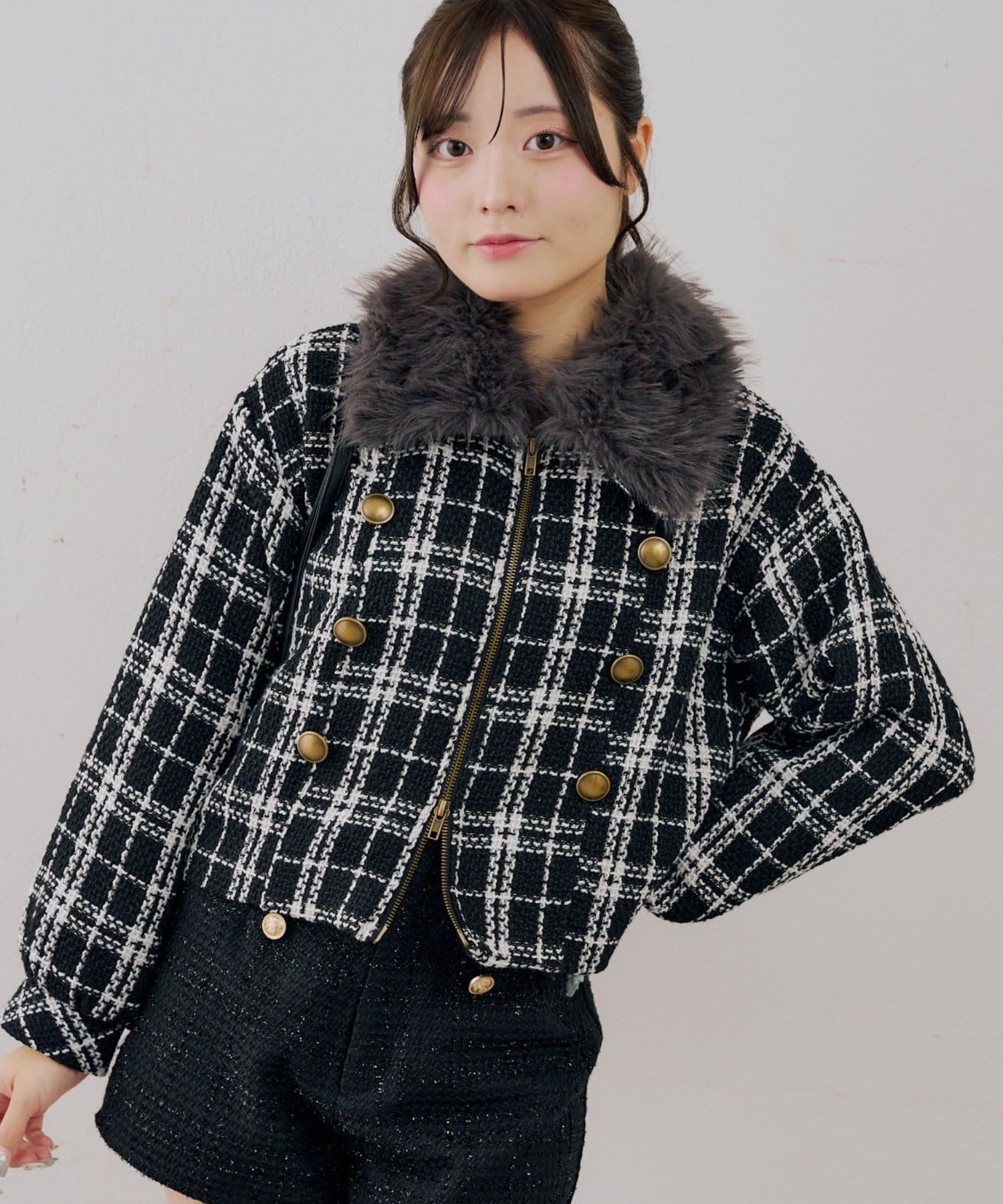 NICE CLAUP / OLIVE des OLIVE OUTLET(ナイスクラップ  / オリーブ デ オリーブ アウトレット) 【ANOTHER BRANCH】ツイードファーフェイクファー衿ブルゾン