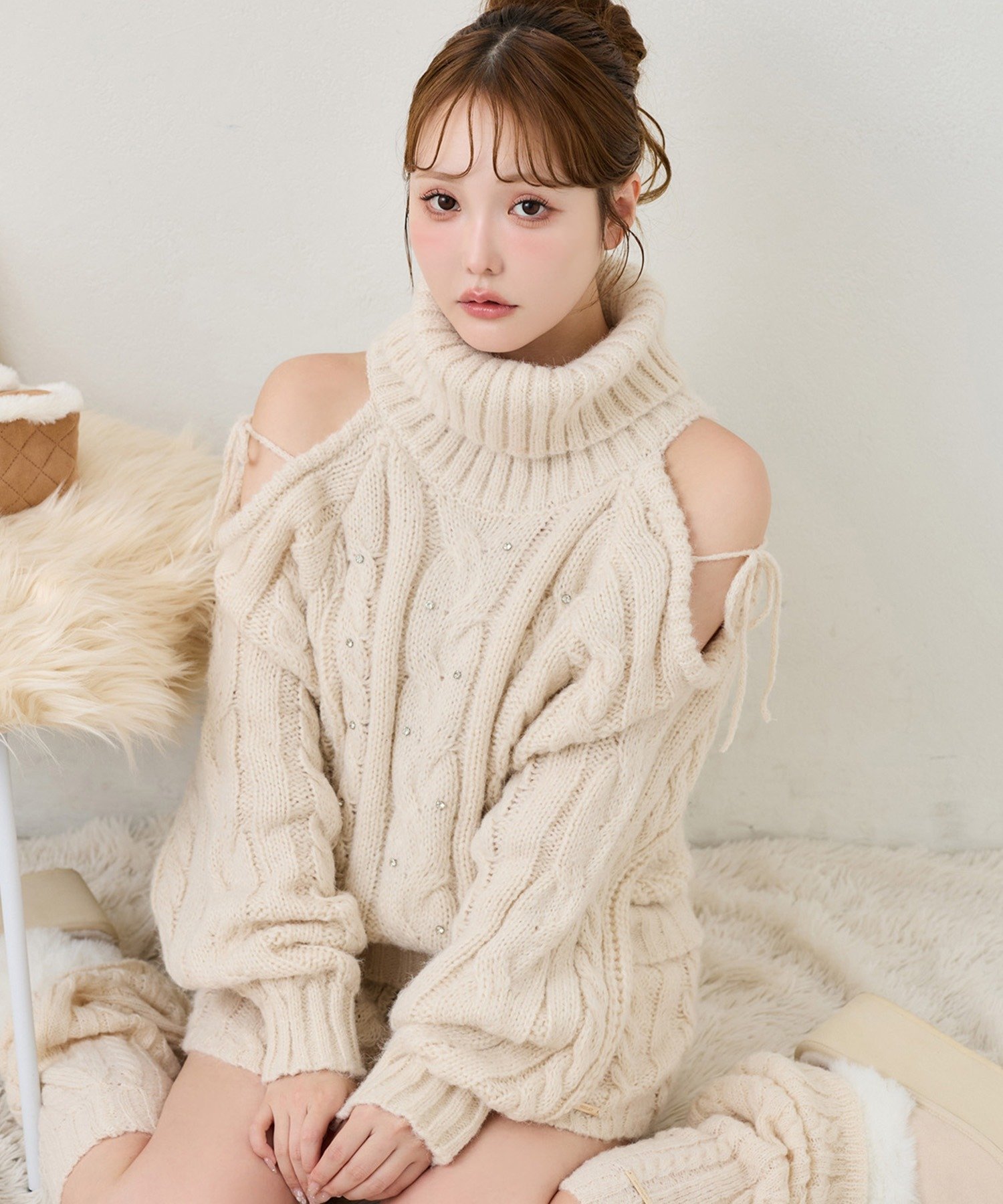 one after another NICE CLAUP(ワンアフターアナザー ナイスクラップ) 【セットアップ可能】肩あきケーブルニット