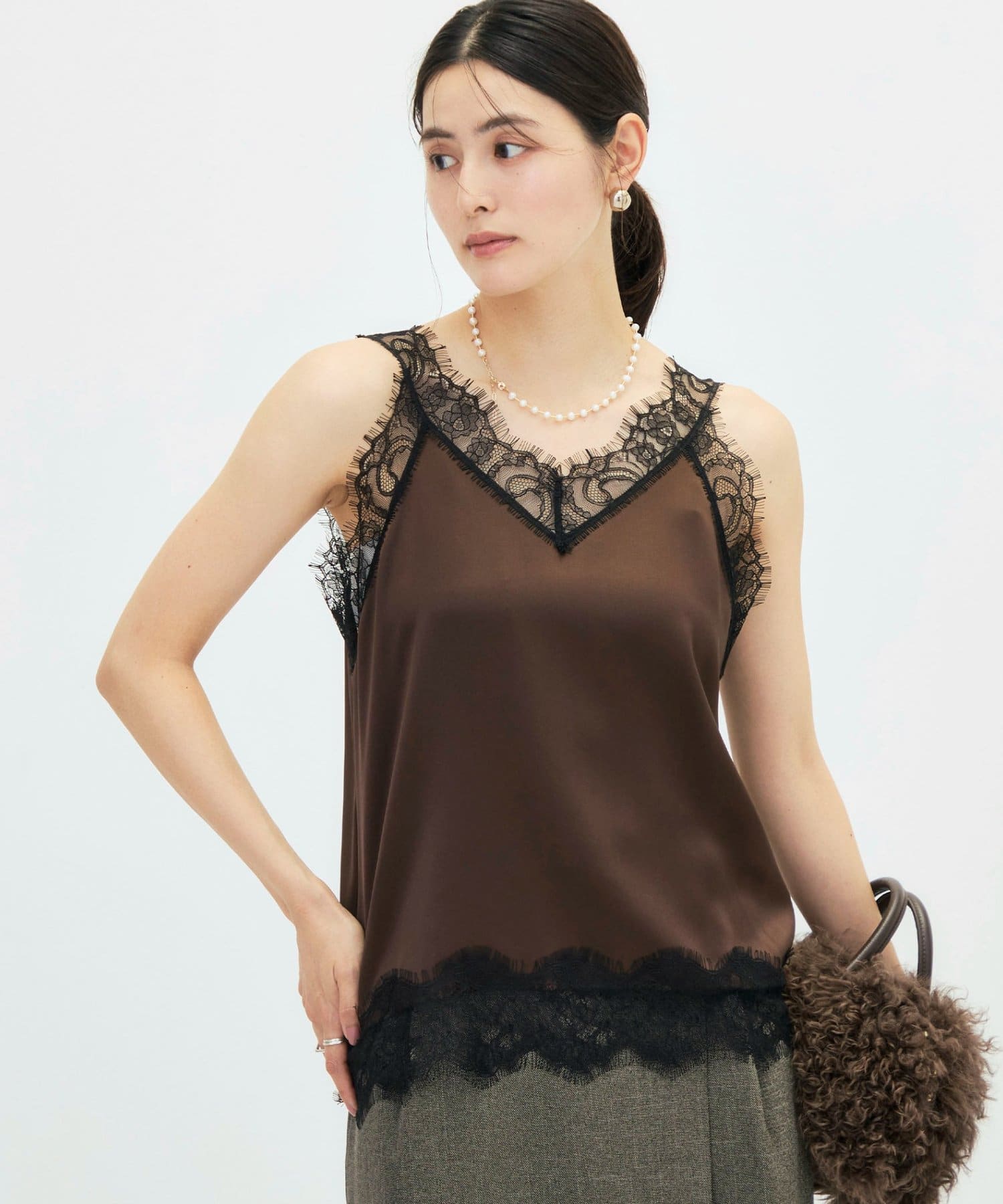 NOLLEY'S(ノーリーズ) ウォッシャブルレーストリミング2WAYサテンキャミ