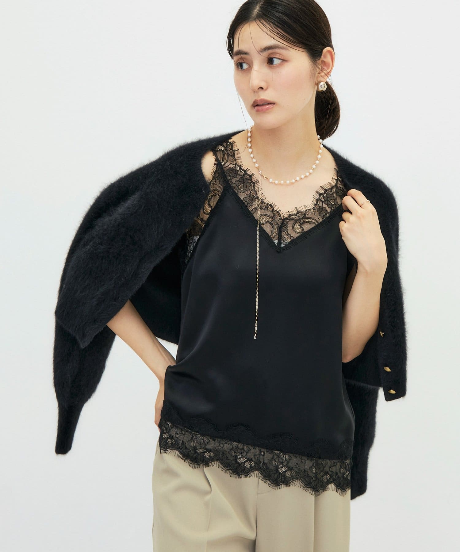 NOLLEY'S(ノーリーズ) ウォッシャブルレーストリミング2WAYサテンキャミ