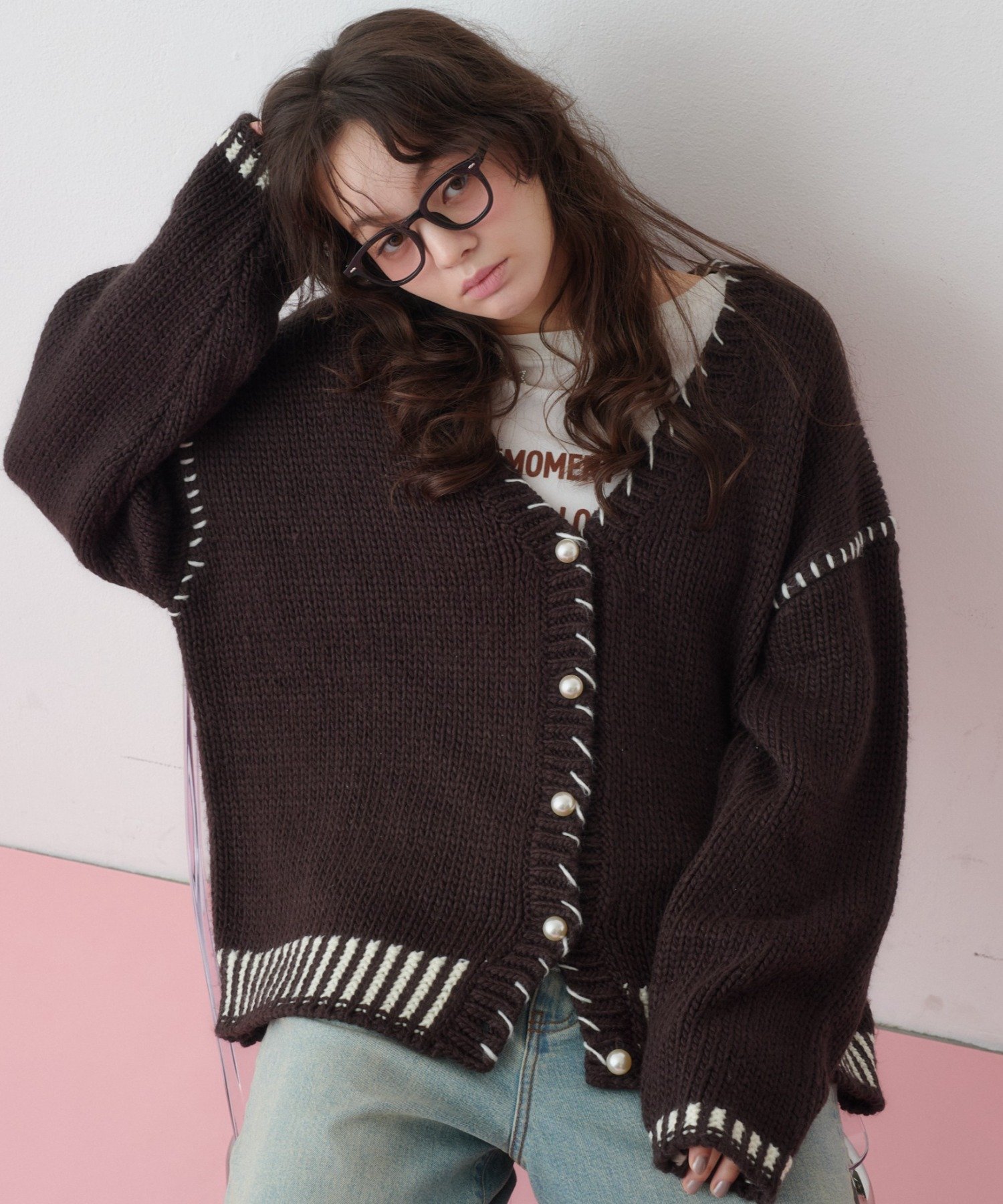 CIAOPANIC TYPY(チャオパニックティピー) 【26Winter展示会 出展商品】【HELLO.SANFRANCISCO】パールボタンステッチオーバーニット