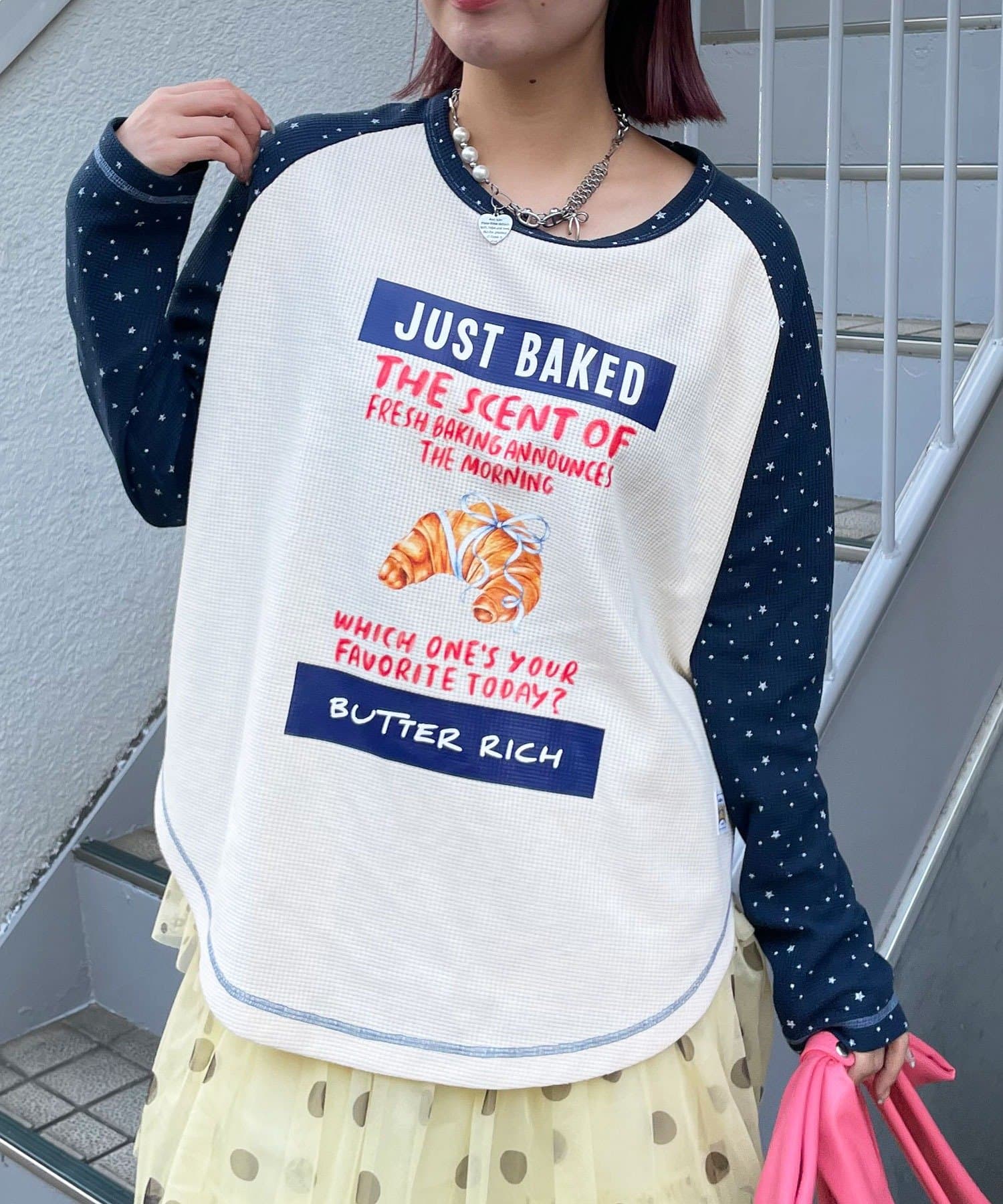 CIAOPANIC(チャオパニック) 【HELLO.SANFRANCISCO/ハローサンフランシスコ】パンプリントワッフルラグランTEE