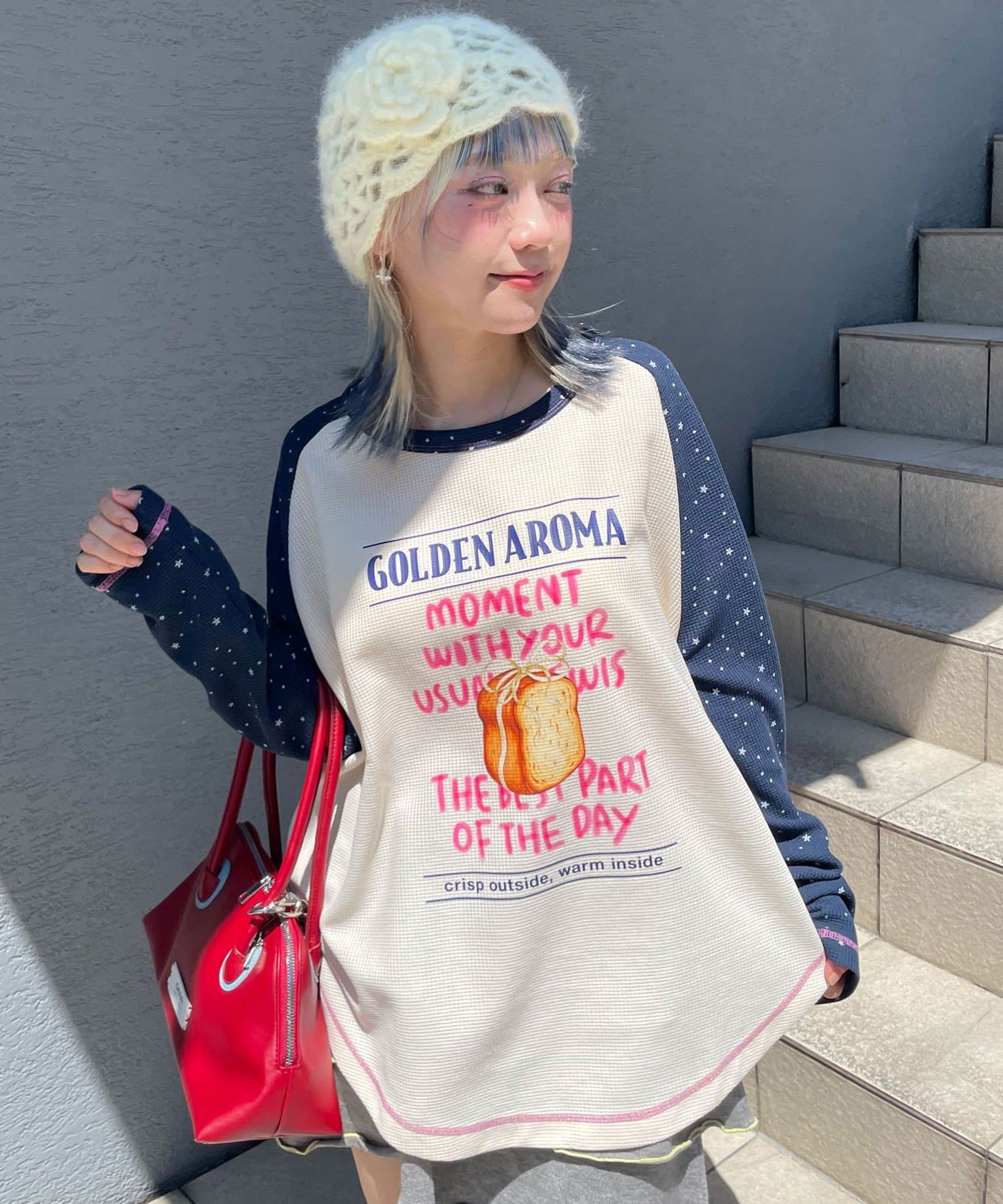 CIAOPANIC(チャオパニック) 【HELLO.SANFRANCISCO/ハローサンフランシスコ】パンプリントワッフルラグランTEE