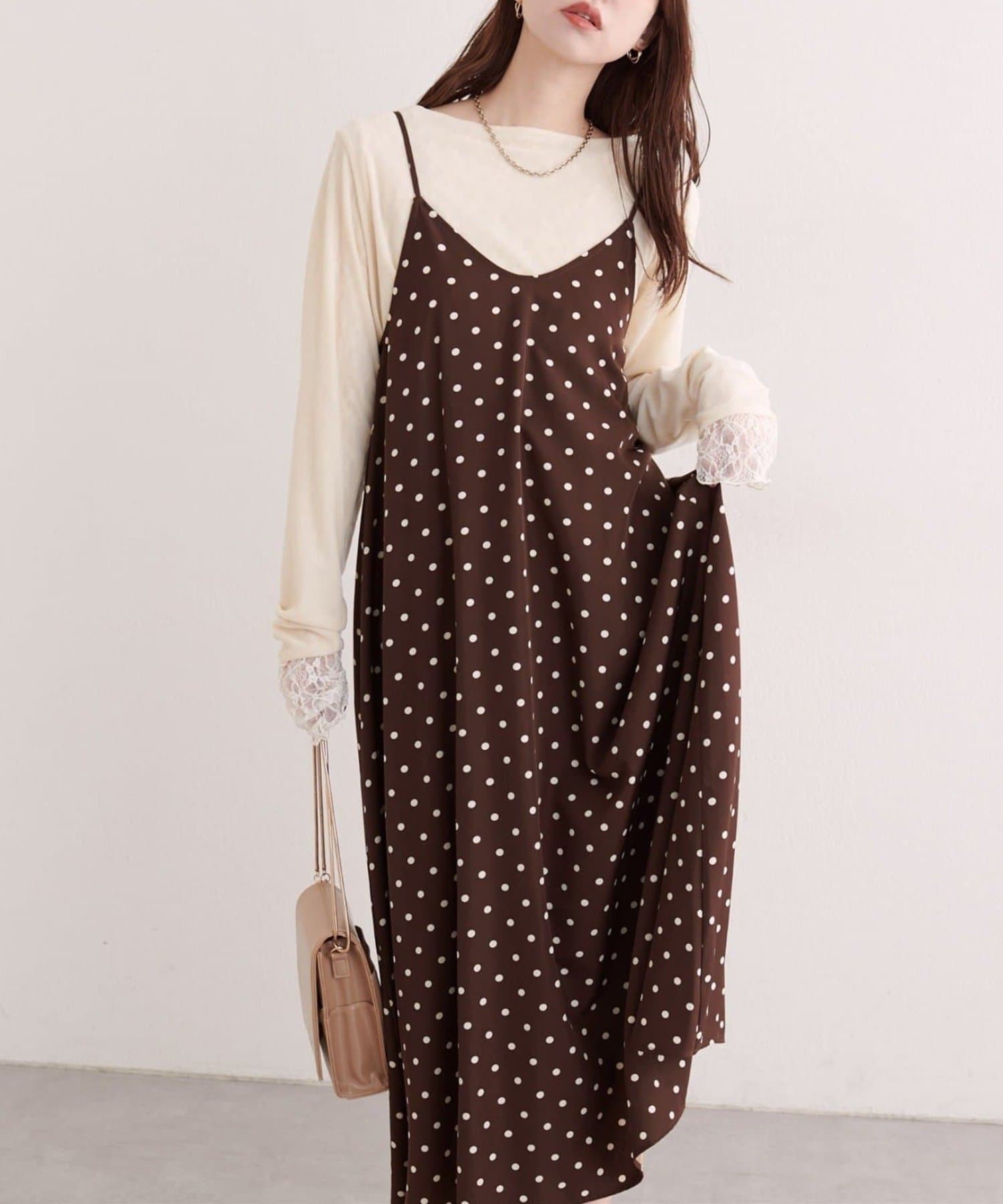 NICE CLAUP / OLIVE des OLIVE OUTLET(ナイスクラップ  / オリーブ デ オリーブ アウトレット) 【natural couture】リボン付きドットキャミワンピース