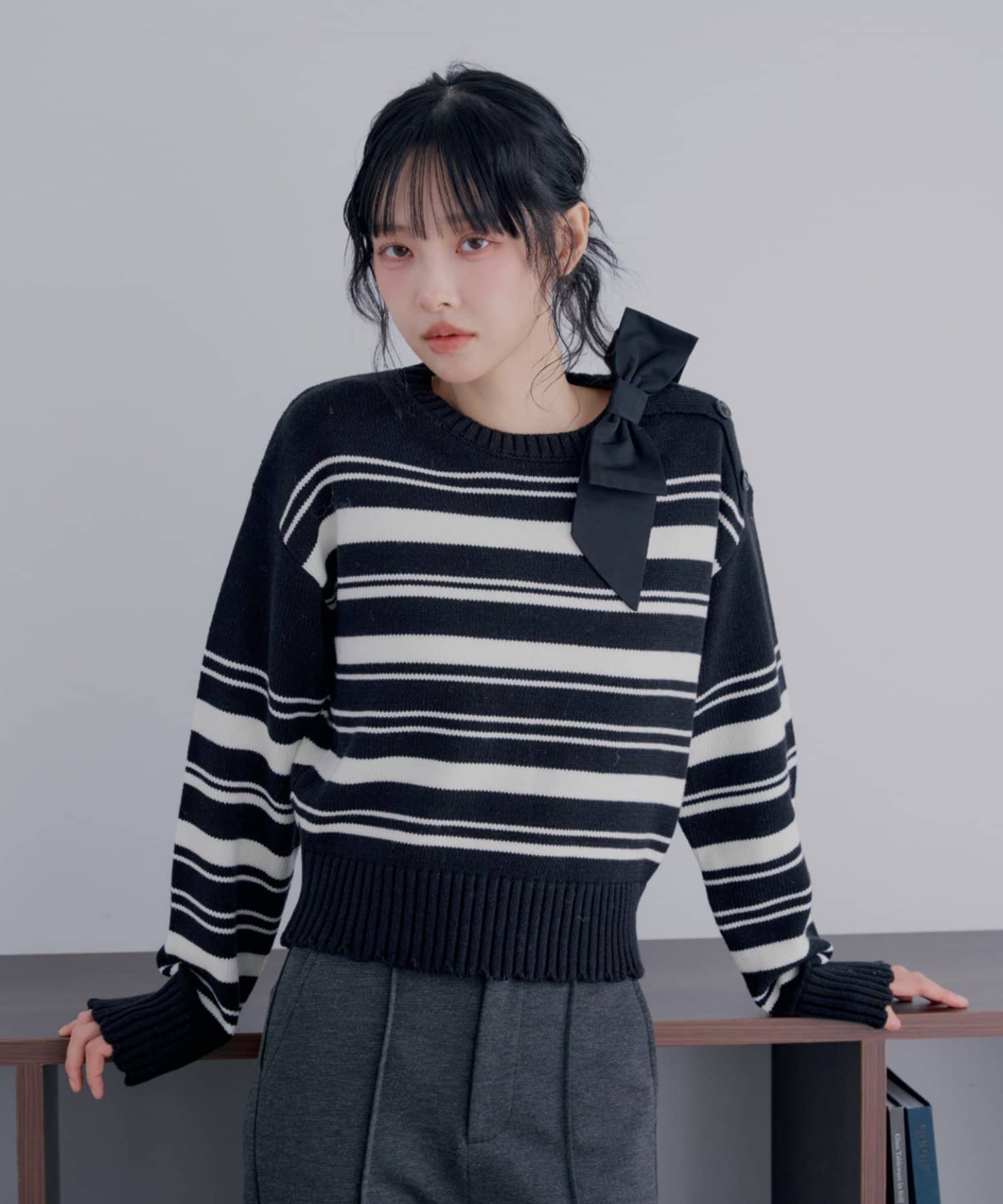 Chico(チコ) 【SALON by Chico】BIGリボンボーダークルーニット【10/15(木)0:00~1000円OFF&ノベルティフェアがスタート】