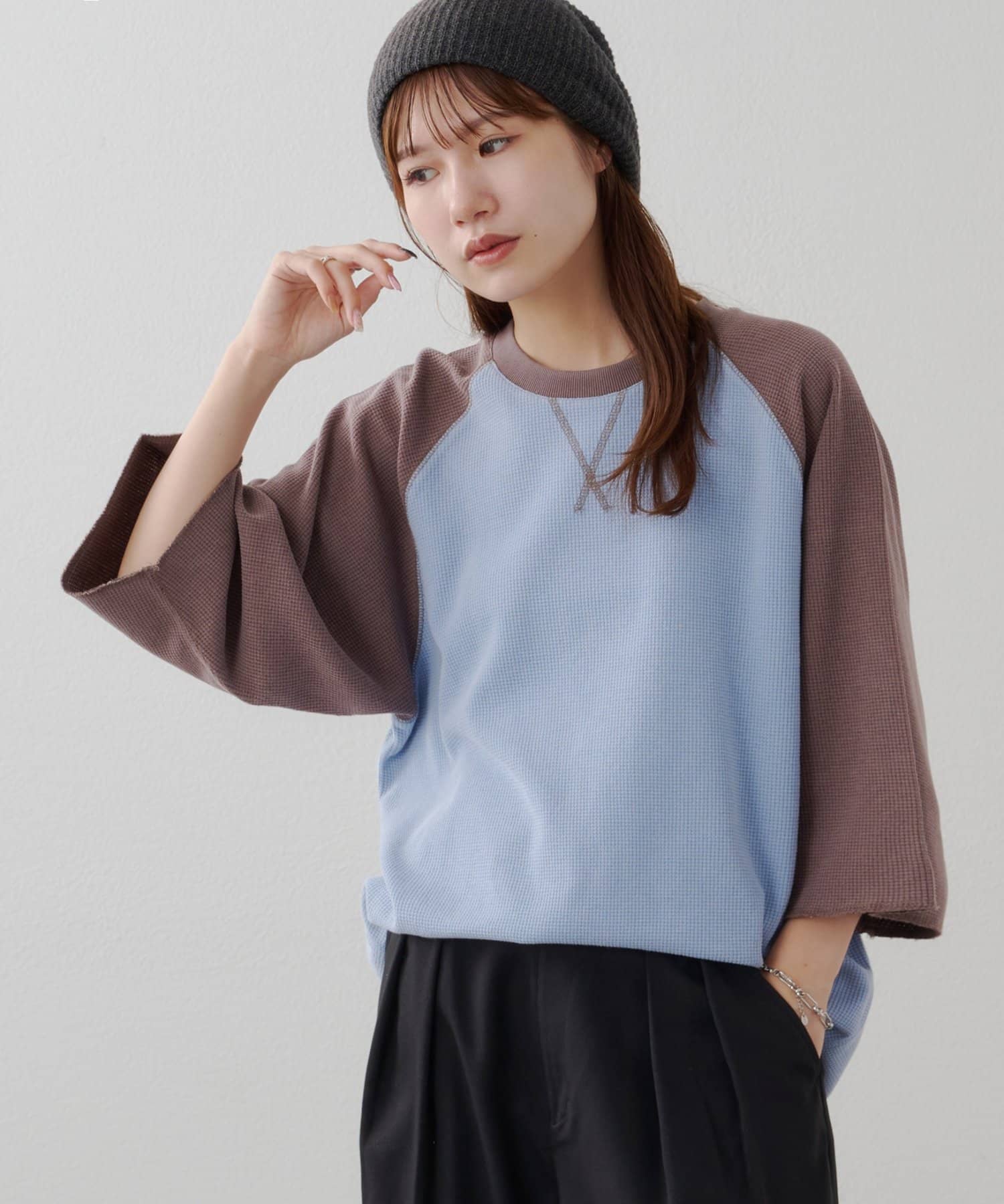 OUTLET(アウトレット) 【Discoat】製品加工ワッフルラグラン7分袖Tシャツ