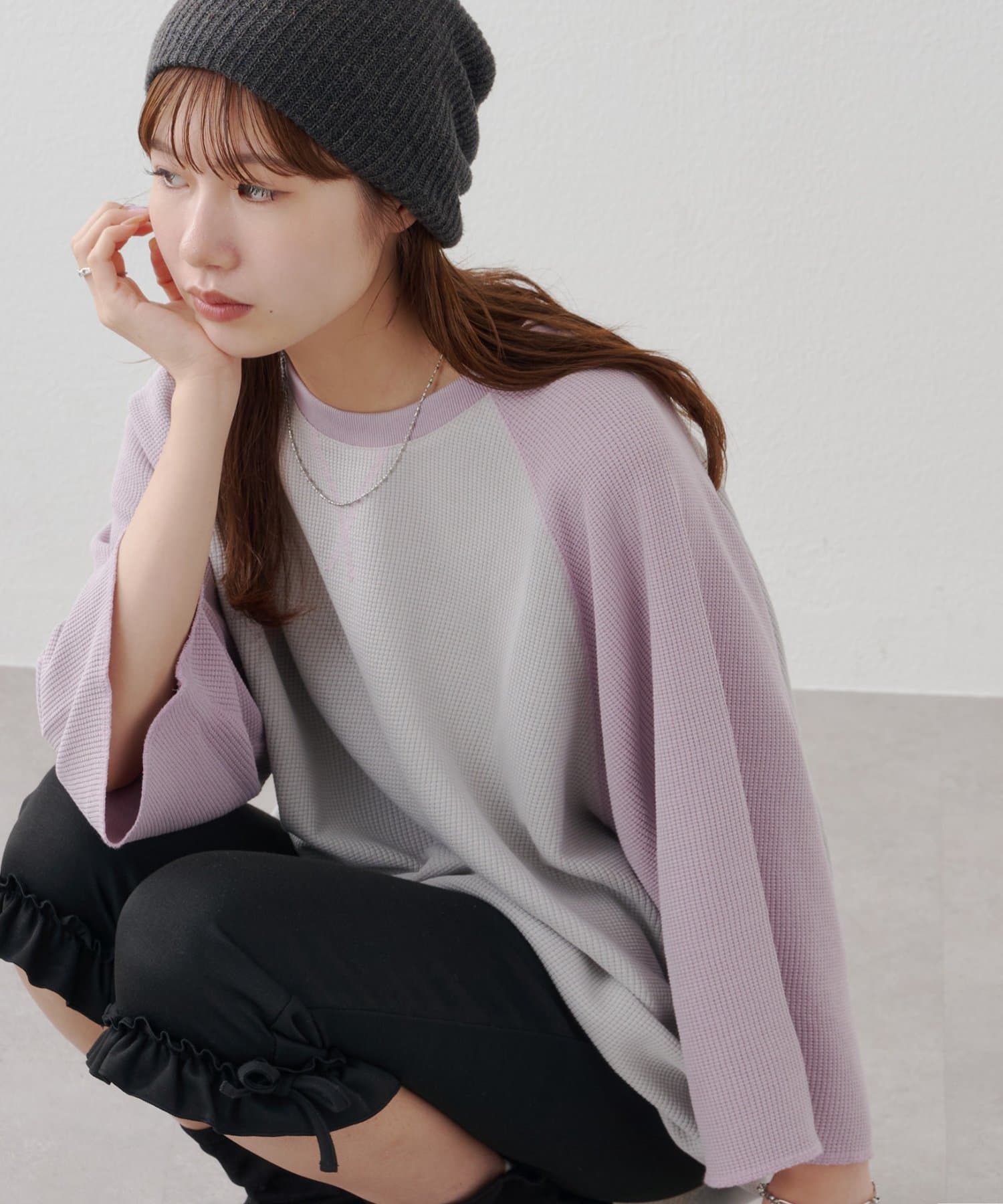 OUTLET(アウトレット) 【Discoat】製品加工ワッフルラグラン7分袖Tシャツ