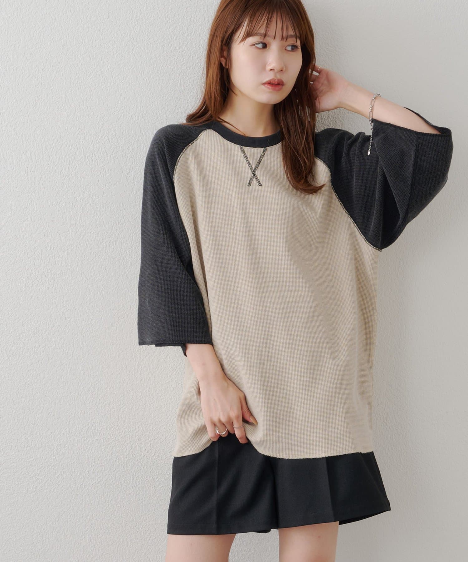 OUTLET(アウトレット) 【Discoat】製品加工ワッフルラグラン7分袖Tシャツ