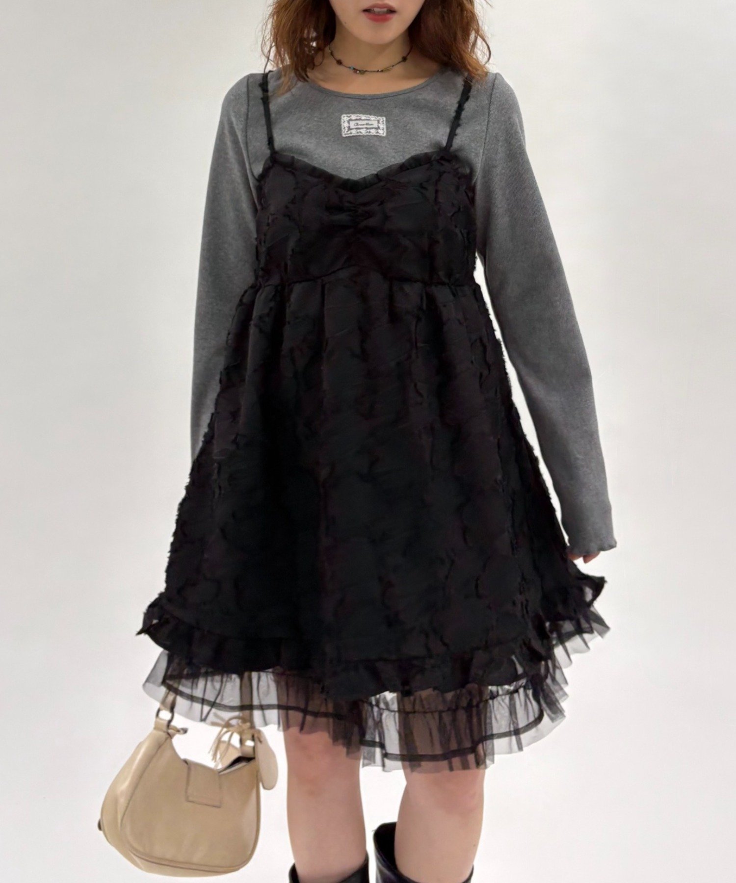 w closet(ダブルクローゼット) ジャガードチュールミニキャミワンピース