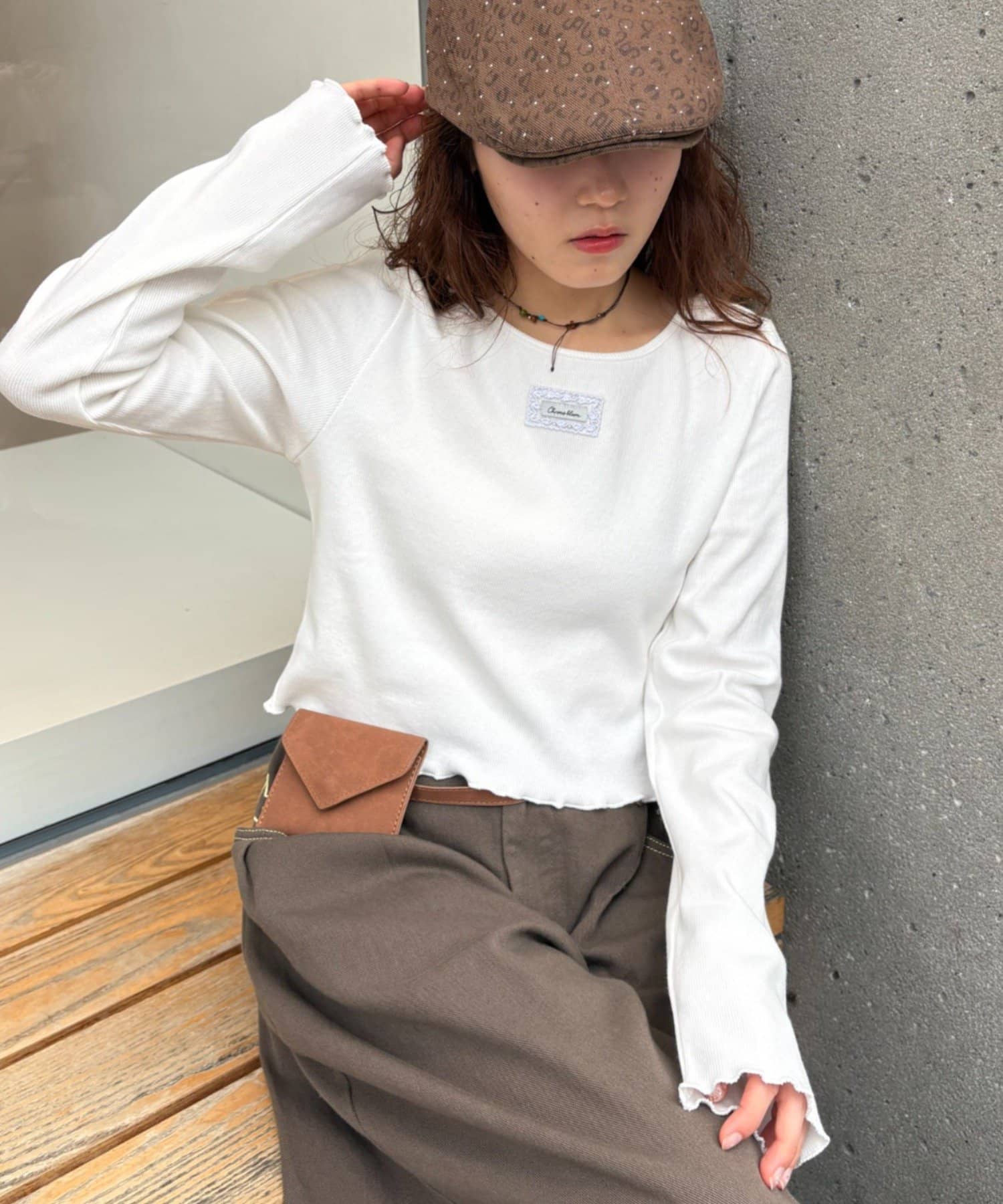 w closet(ダブルクローゼット) レースタグリブロングTシャツ