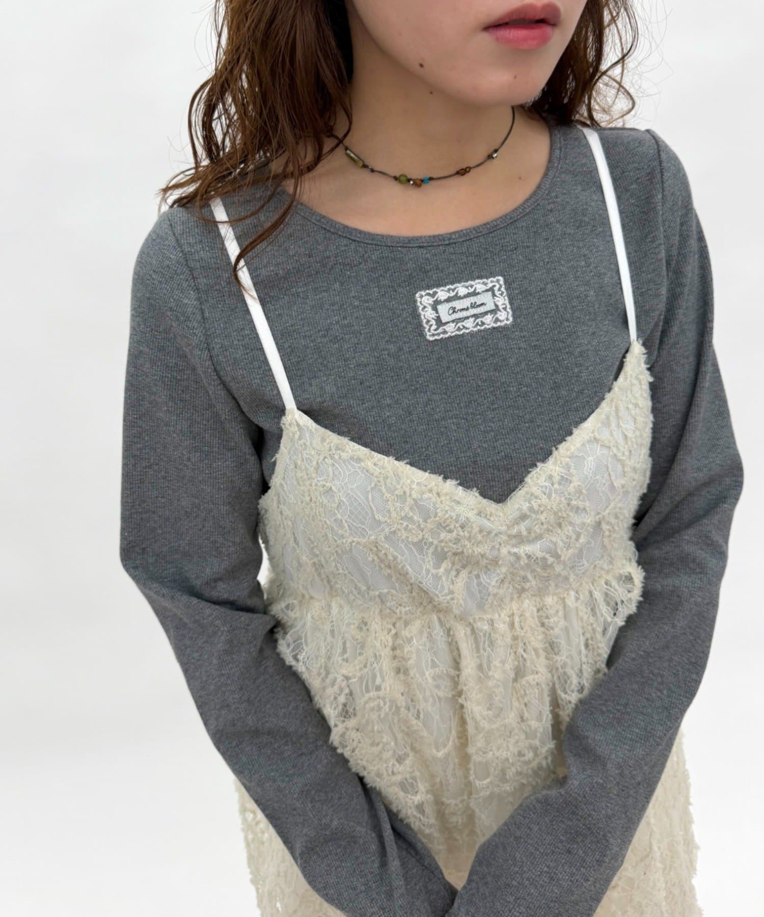 w closet(ダブルクローゼット) レースタグリブロングTシャツ